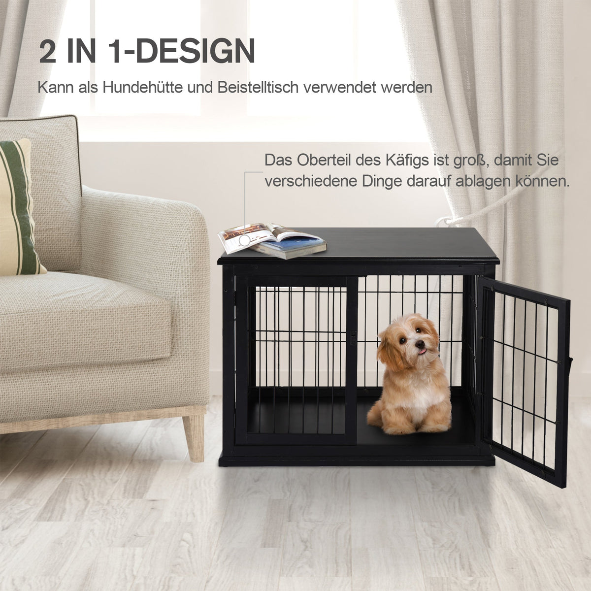 Dog House Table Top Indoor Cage, MDF Metal, Black