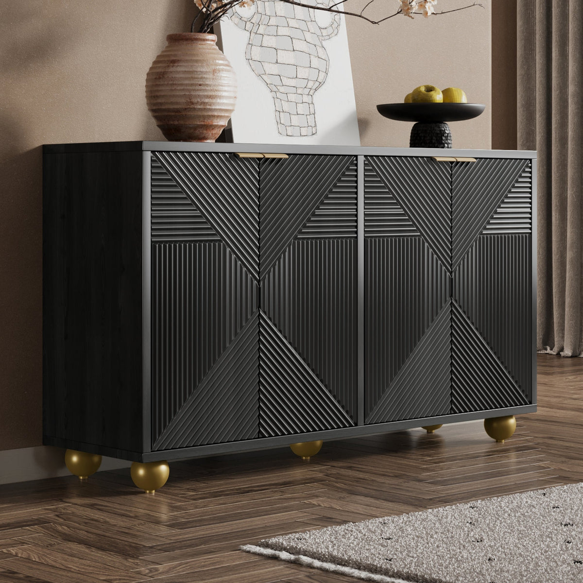 Sideboard with Four Molded Doors and Adjustable Shelves, Metal Handles and Ball-Shaped Legs