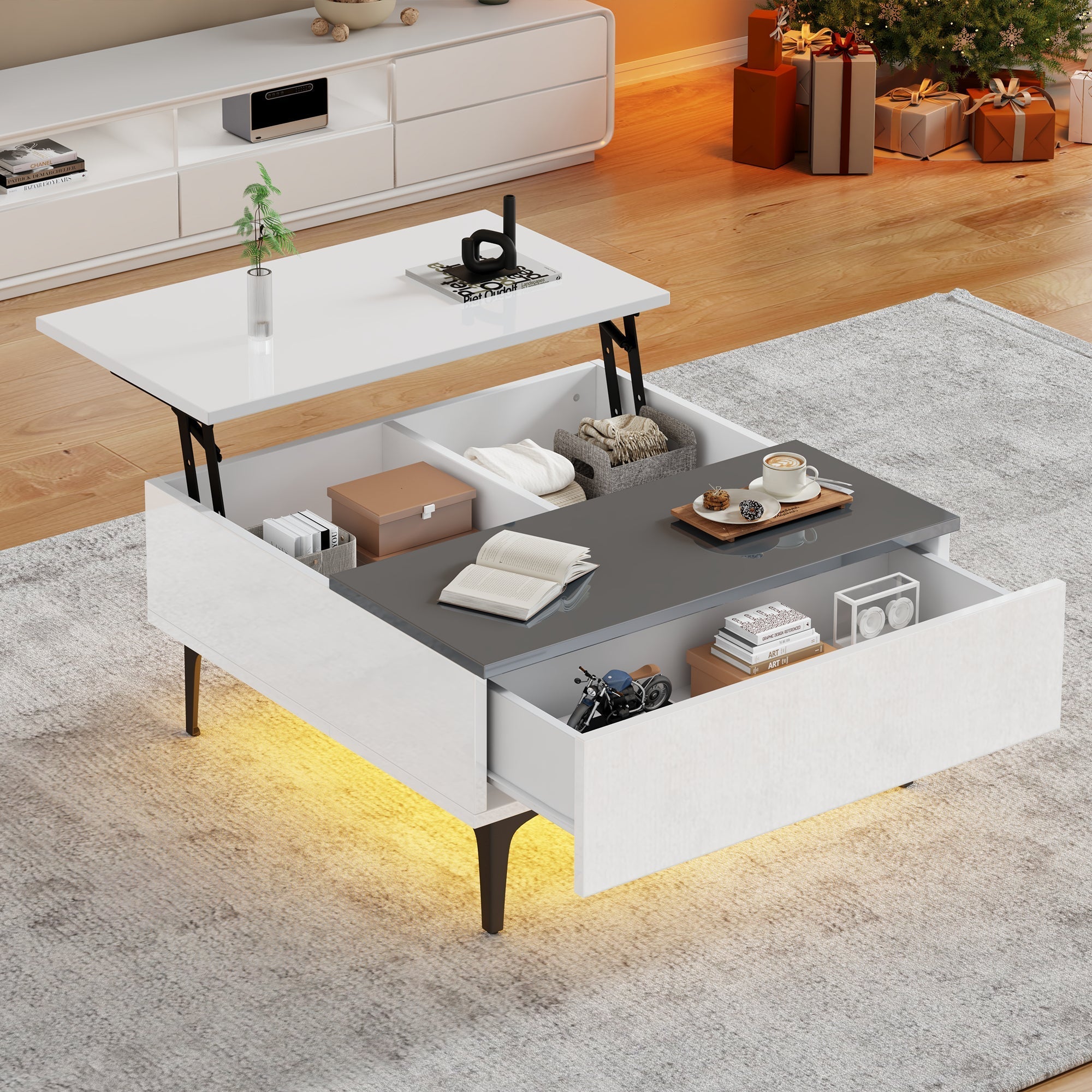 Coffee Table, Height-Adjustable with Hidden Storage and Shelves, White High-Gloss
