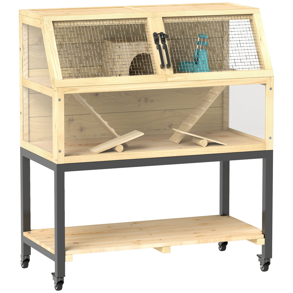 Dwarf Hamster Cage, Storage, Water Bottle, Hut, Seesaws, Wheels, Ramps, Natural Wood