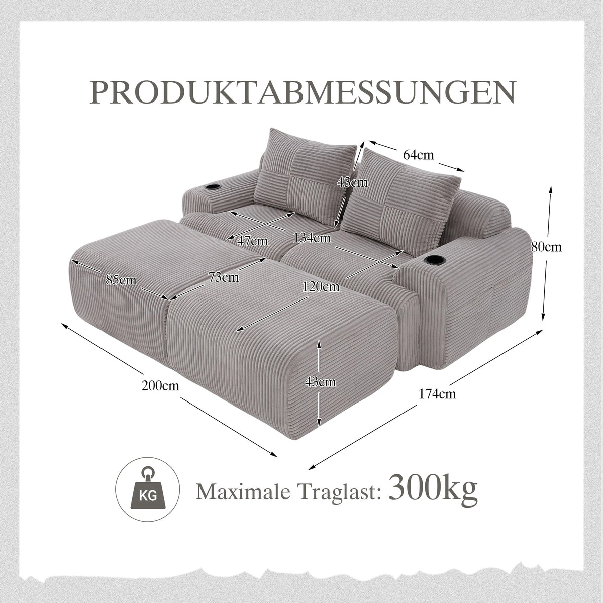 Upholstered Bed 180x200cm Double Hydraulic Storage Cup Holder Charging Station Linen Grey