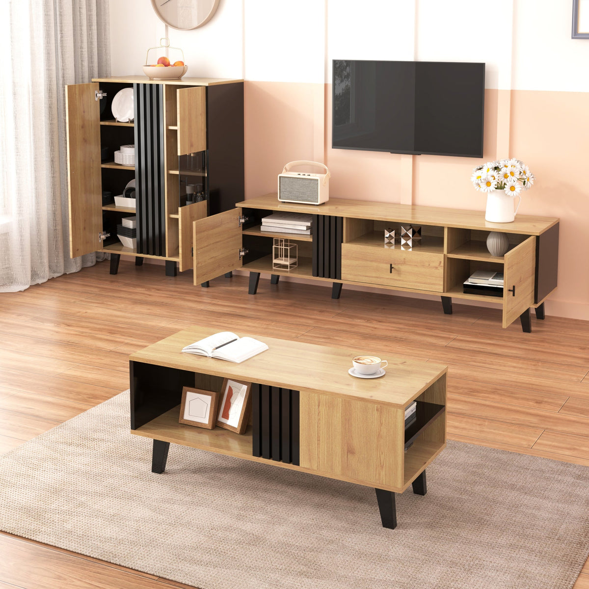 Living Room Furniture Set, 3-Piece Coffee Table TV Cabinet Sideboard, Wood and Black