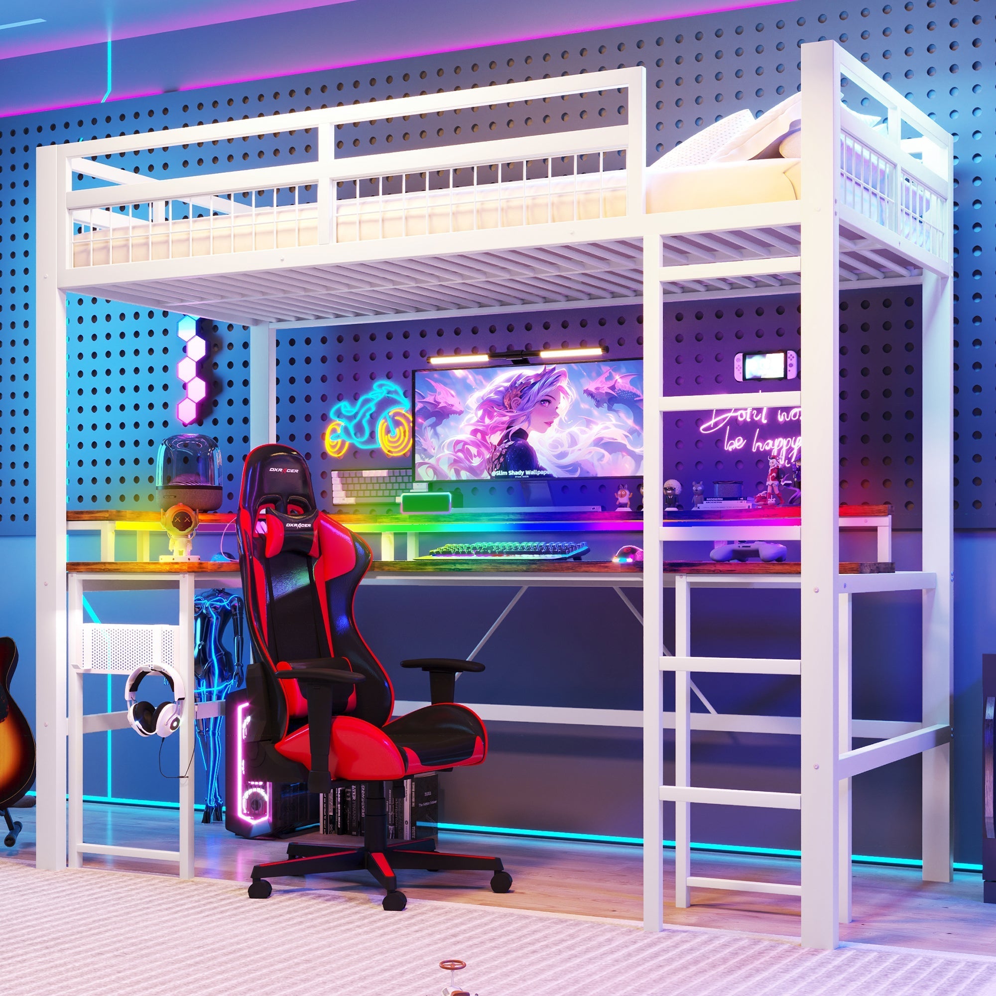 Loft Bed with Desk and LED Lights, USB Ports and Pegboard, White Iron Frame