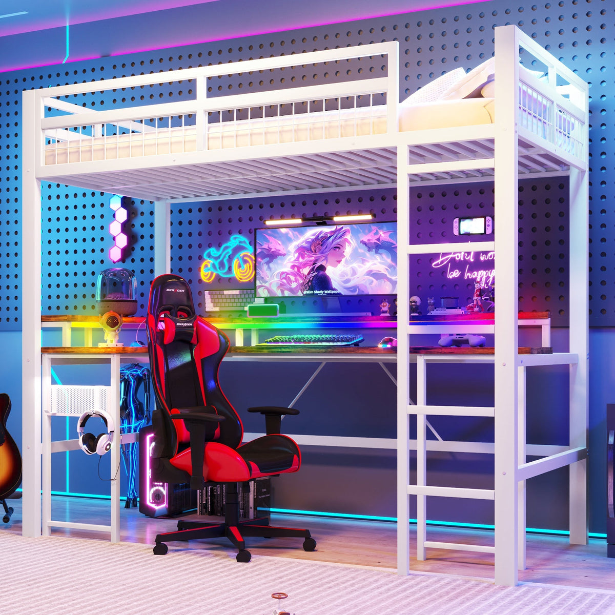 Loft Bed with Desk and LED Lights, USB Ports and Pegboard, White Iron Frame