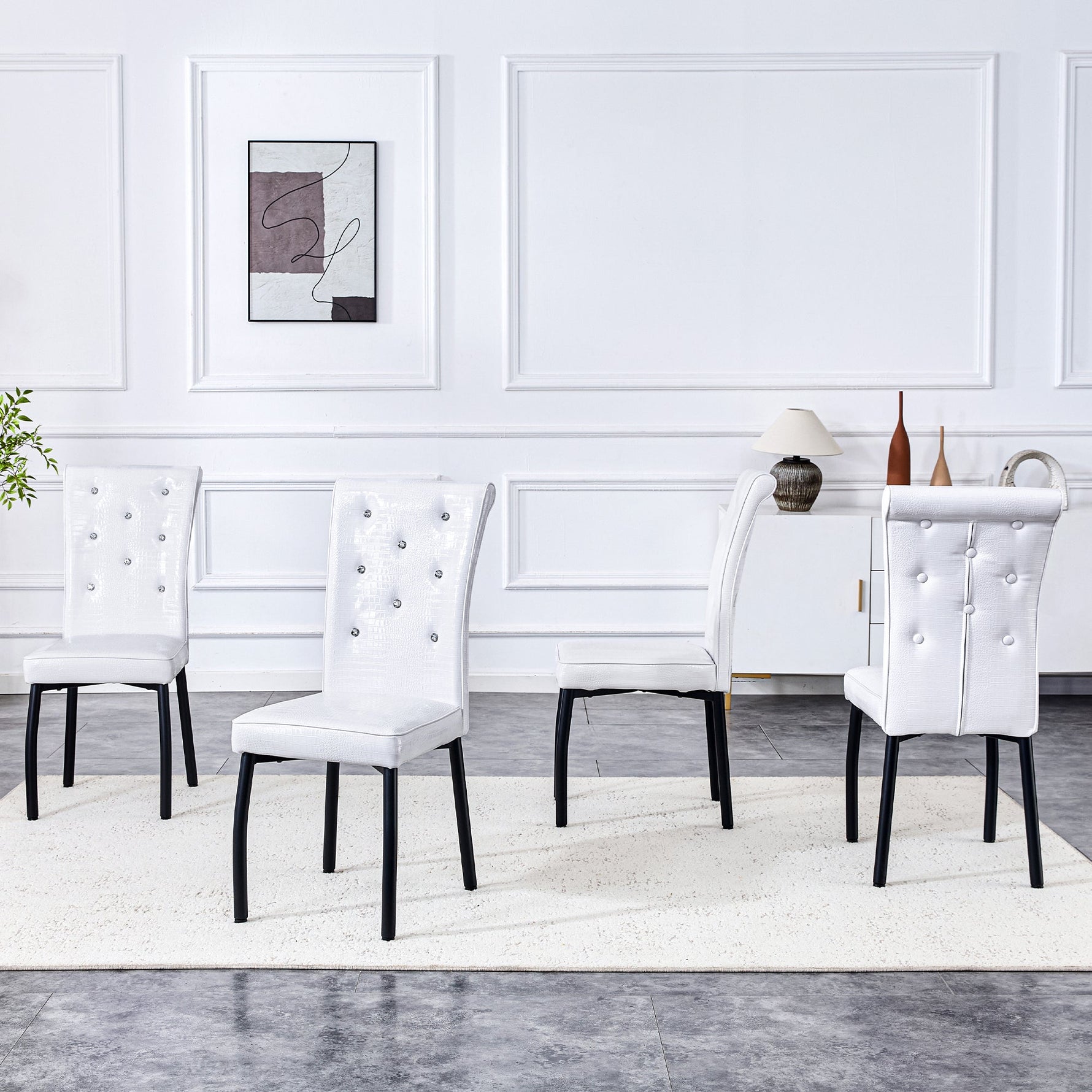 Set of 2 Dining Seats Soft Retro Crocodile Pattern Crystal Clasps White and Black Faux Leather