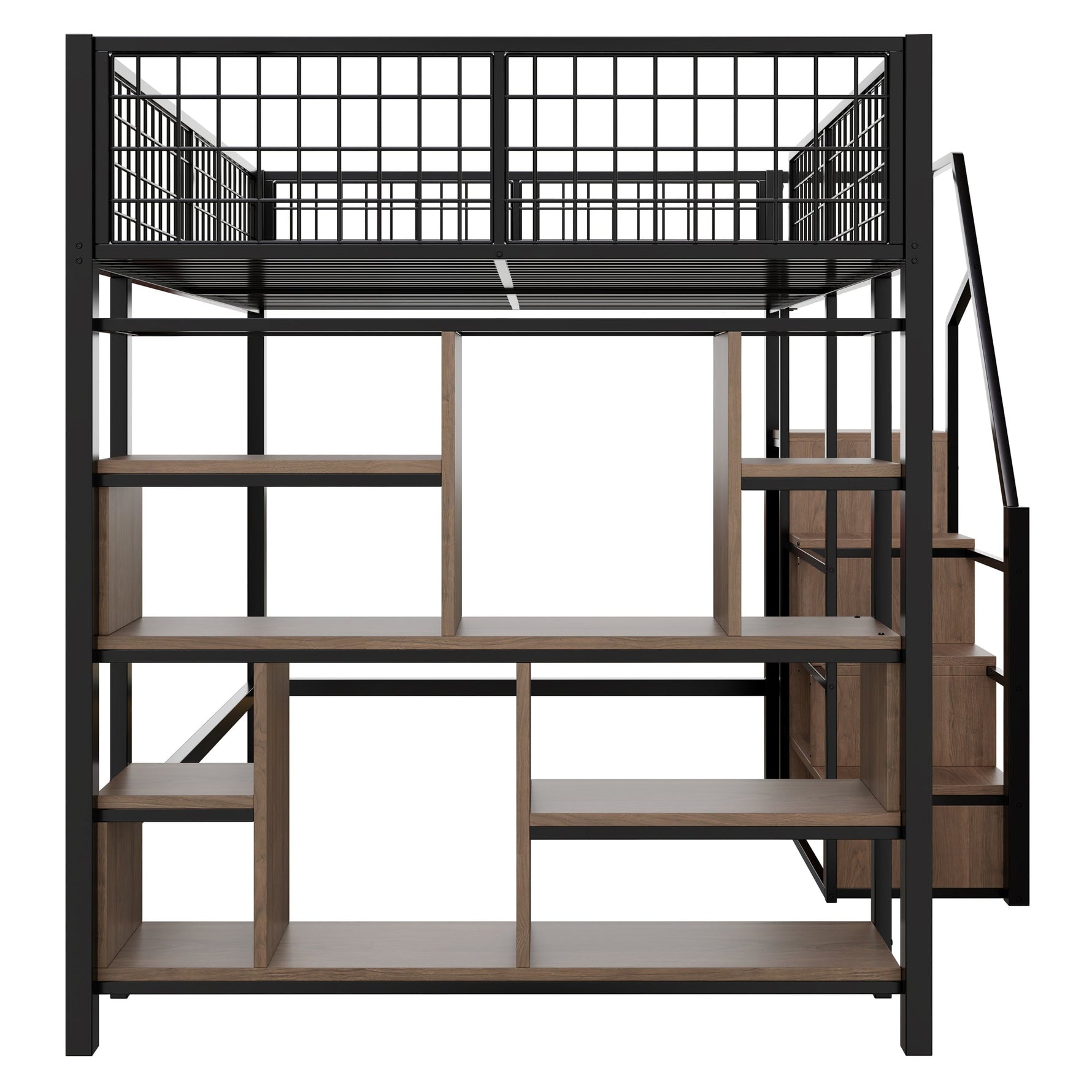 Loft Bed, Multifunctional with Storage & Stairs, 140x200 cm, Metal Black