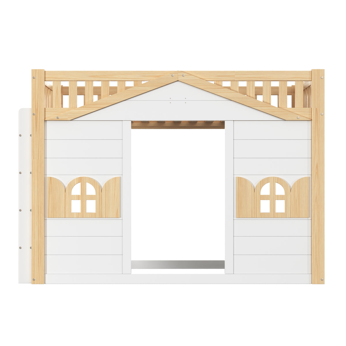 House Bunk Bed 90x200cm Loft Bed with Window, White & Natural Wood