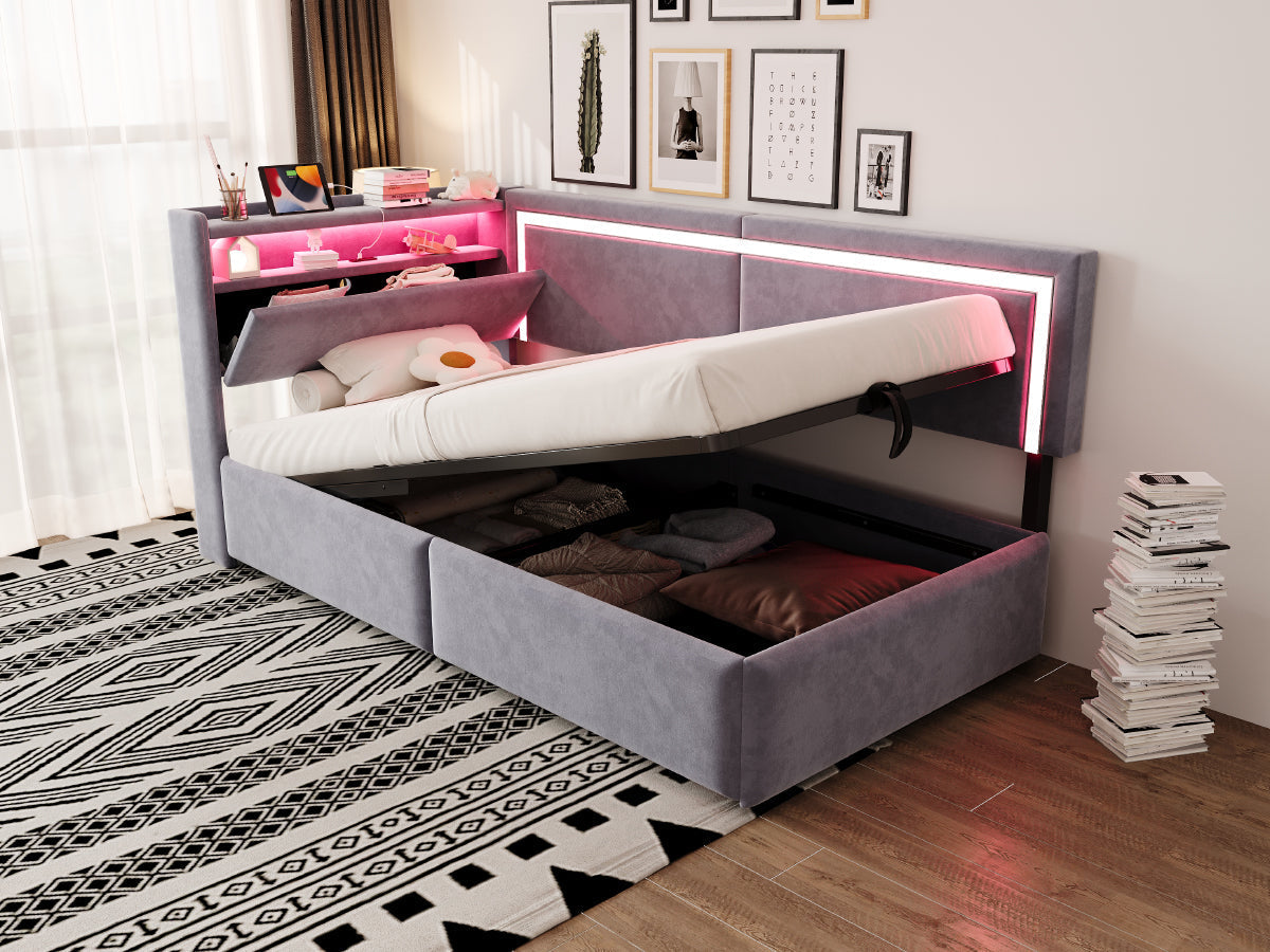 Upholstered Sofa Bed 90x200 LED USB Hydraulic Storage Light Grey Velvet