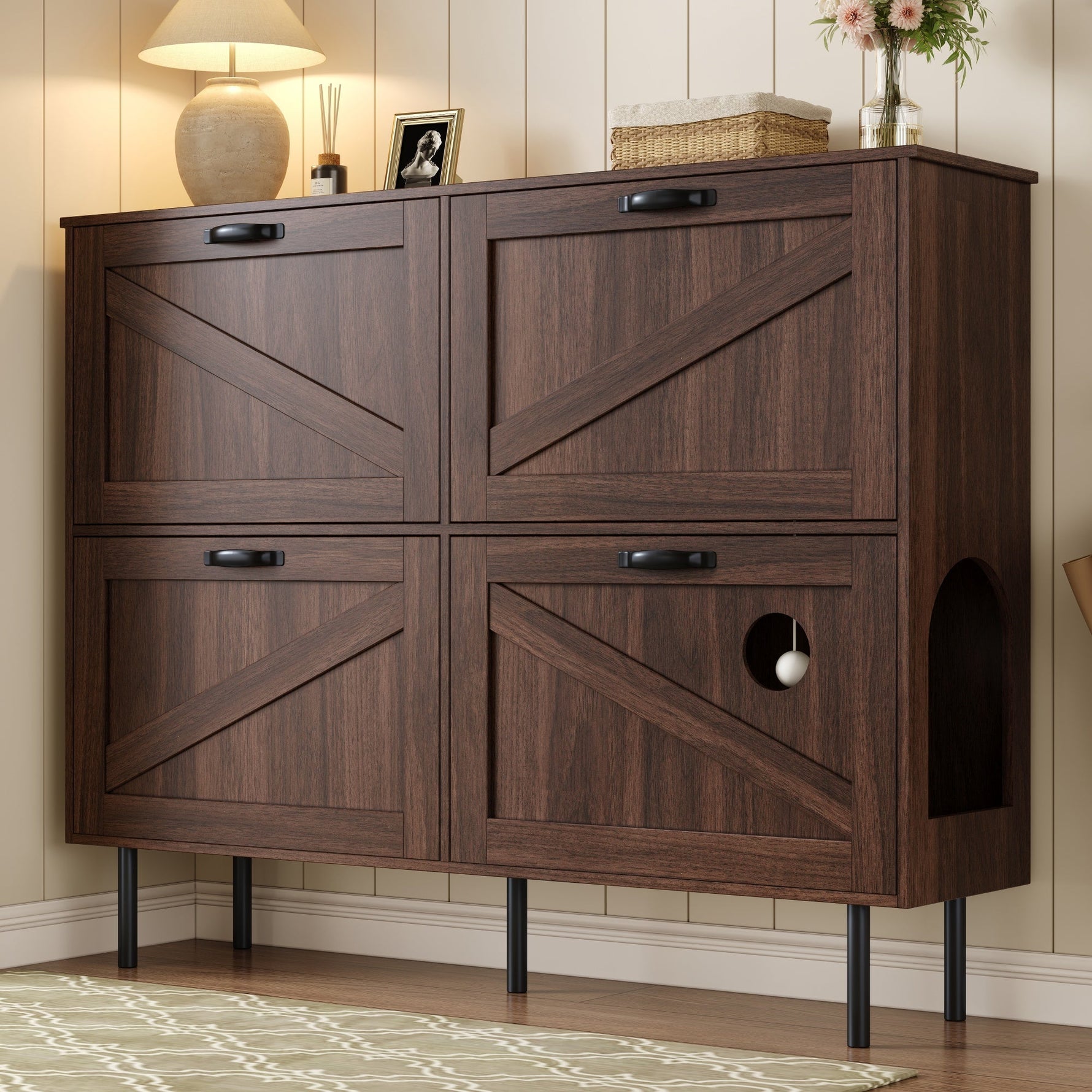 Narrow shoe cabinet with 3 flaps and pet toy storage, for hallway use