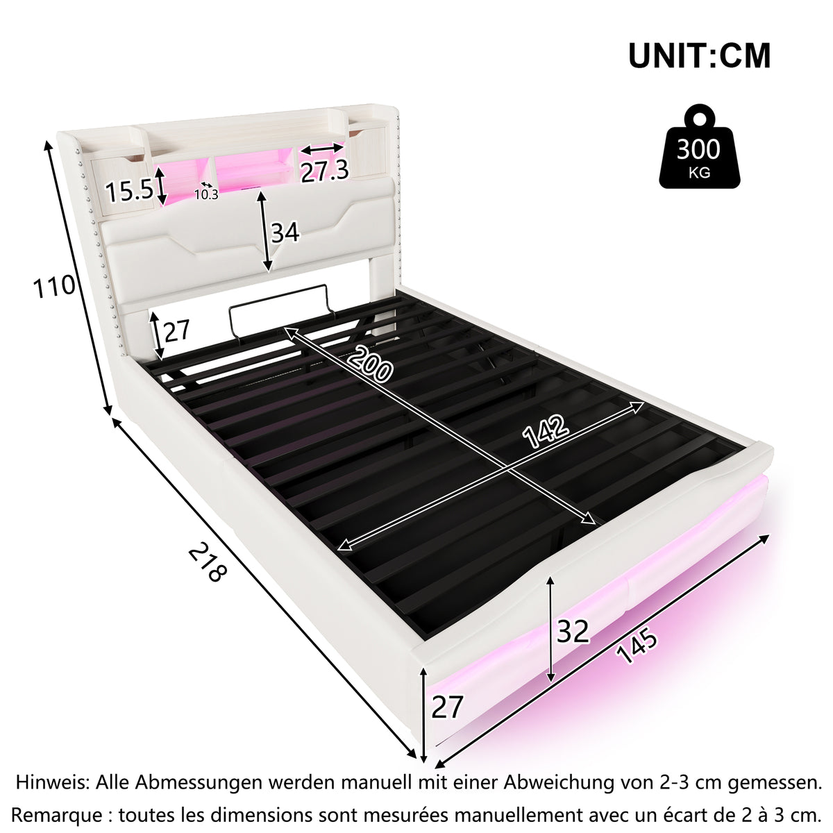 Upholstered Hydraulic Storage Bed 140x200cm LED Light, Beige