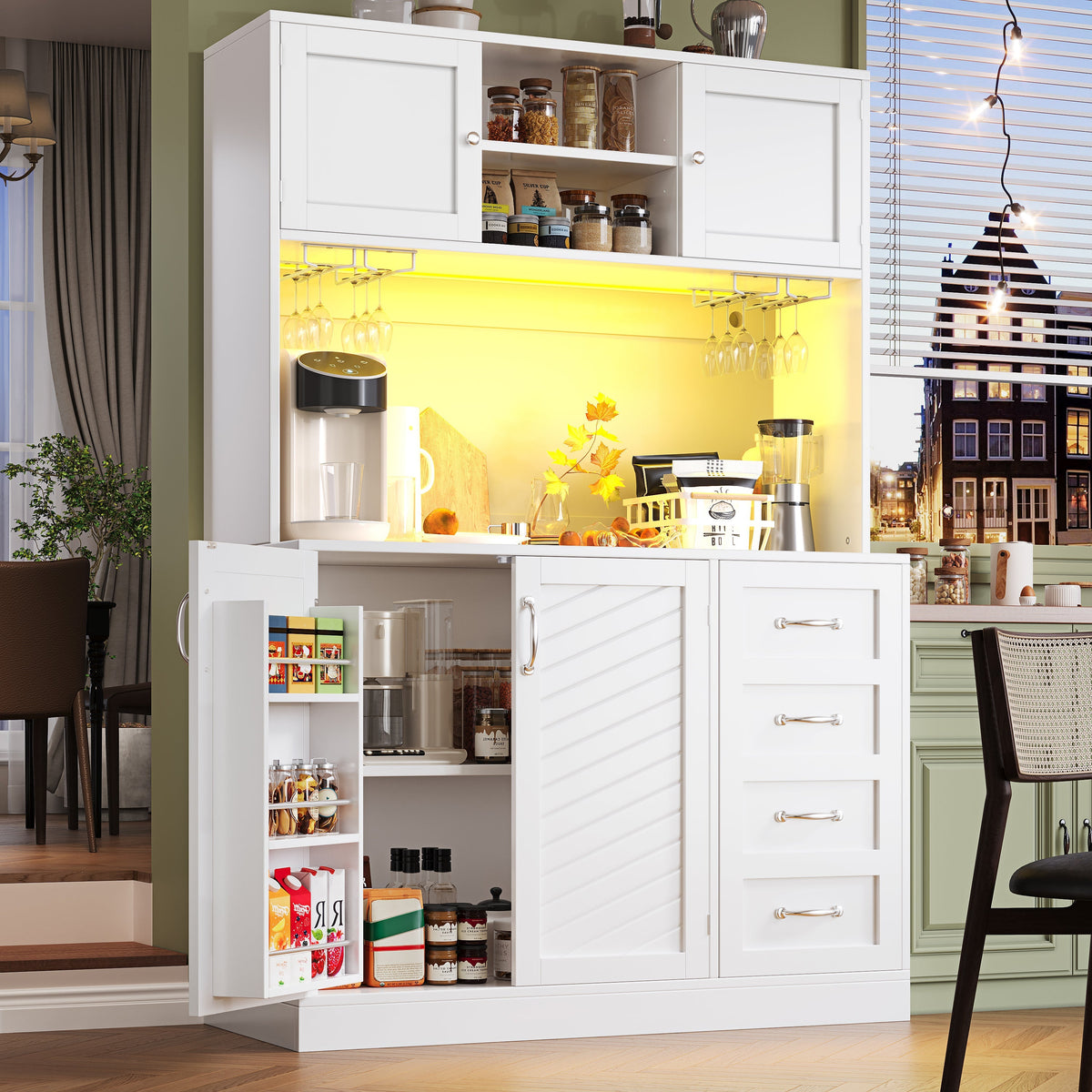 Buffet Sideboard with LED Lighting, Snack Shelf and Drink Holders, Green, Black and White