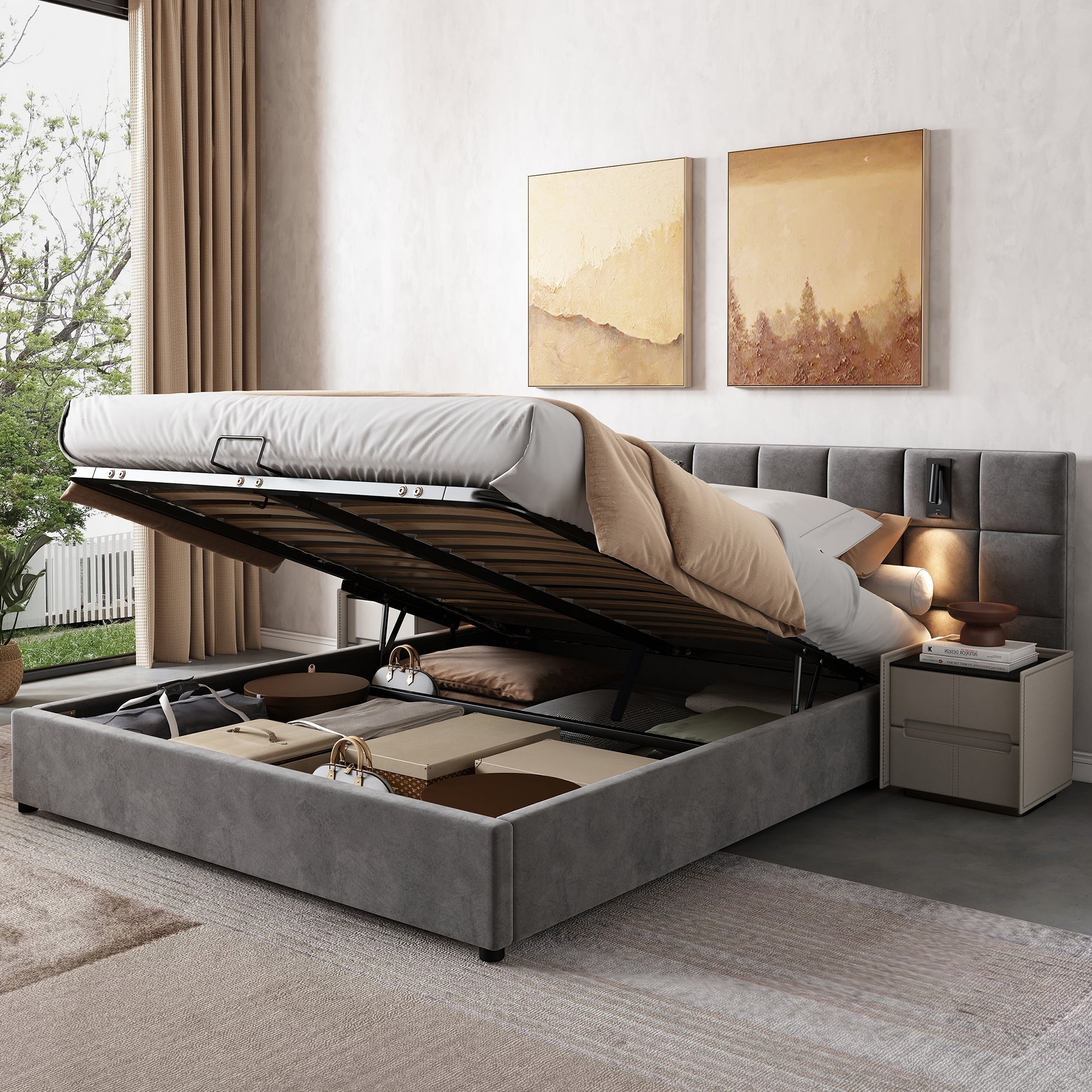 Upholstered Bed 160x200cm Hydraulic Storage Lamp USB - Velvet Grey