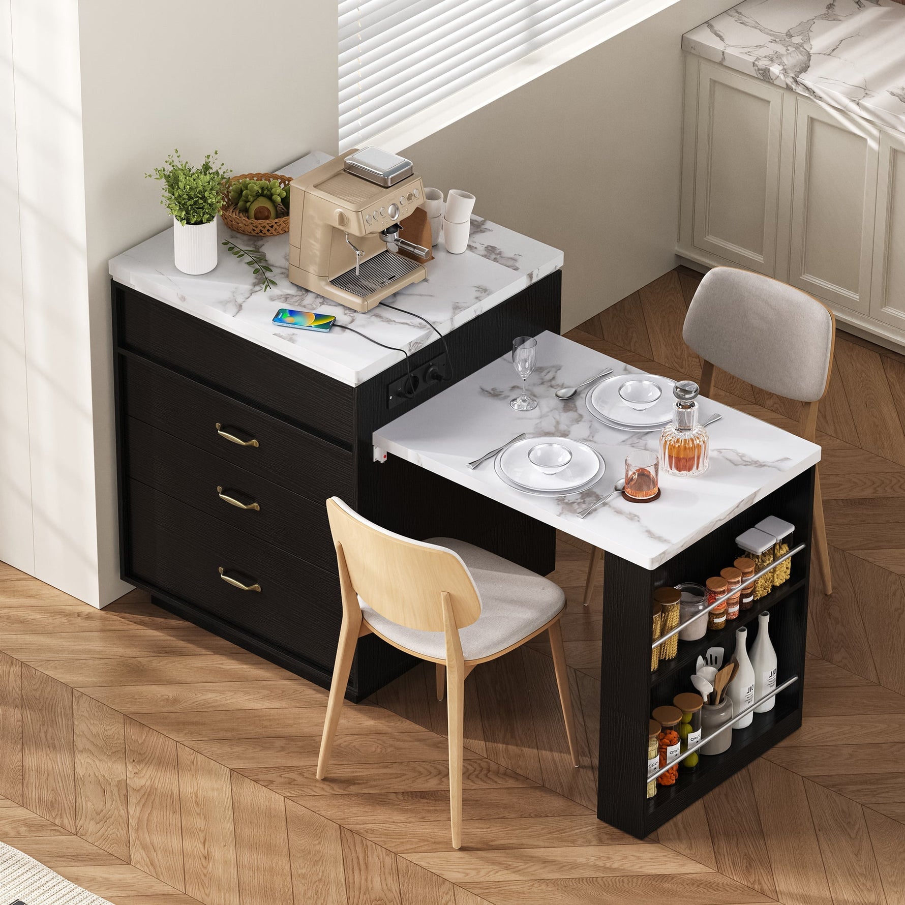 Kitchen Island on Wheels Extendable Table with LED & Power Strips Black