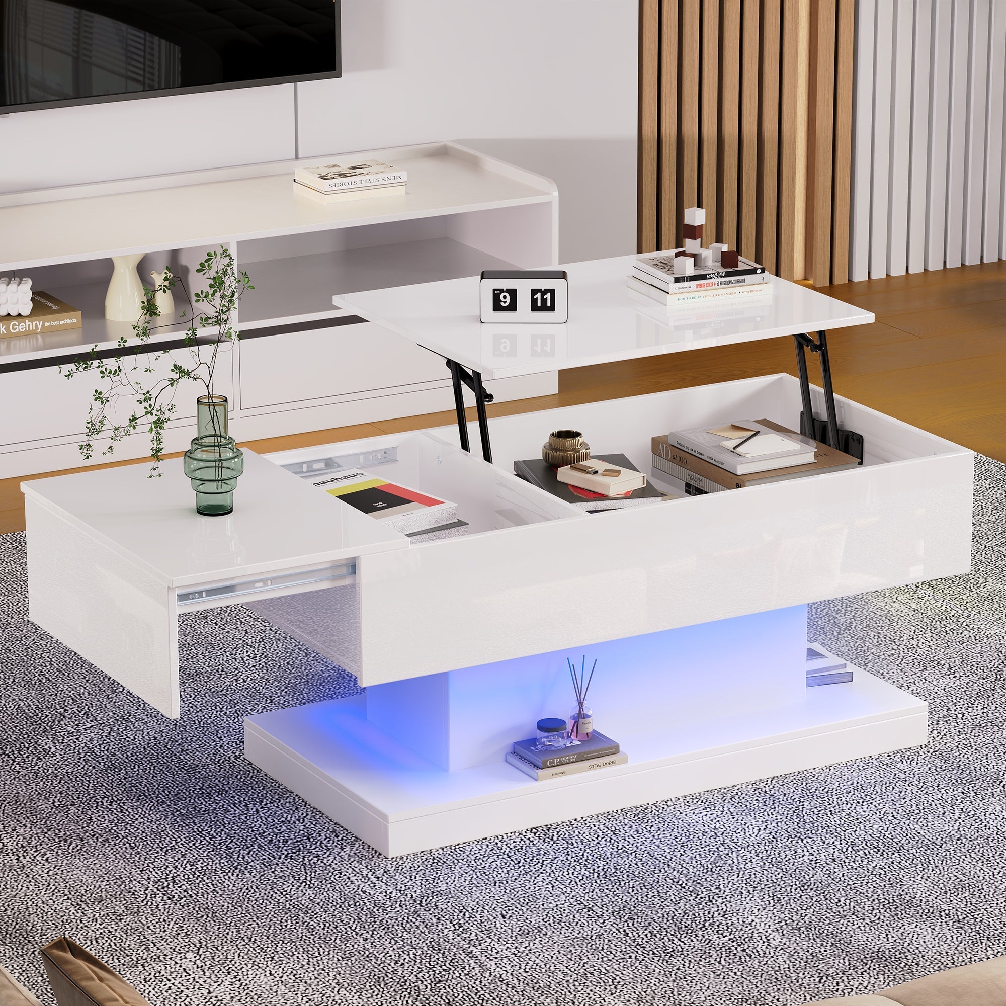 High-gloss Lift-up Tea Table, LED Coffee Table, 100x50x45 cm with Storage, White