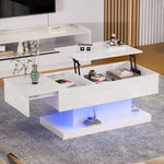 High-gloss Lift-up Tea Table, LED Coffee Table, 100x50x45 cm with Storage, White