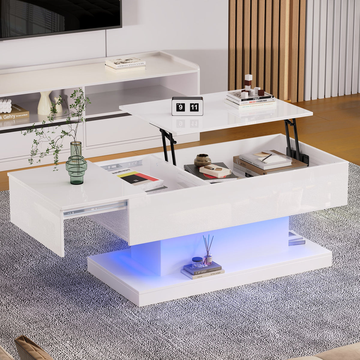 High-gloss Lift-up Tea Table, LED Coffee Table, 100x50x45 cm with Storage, White