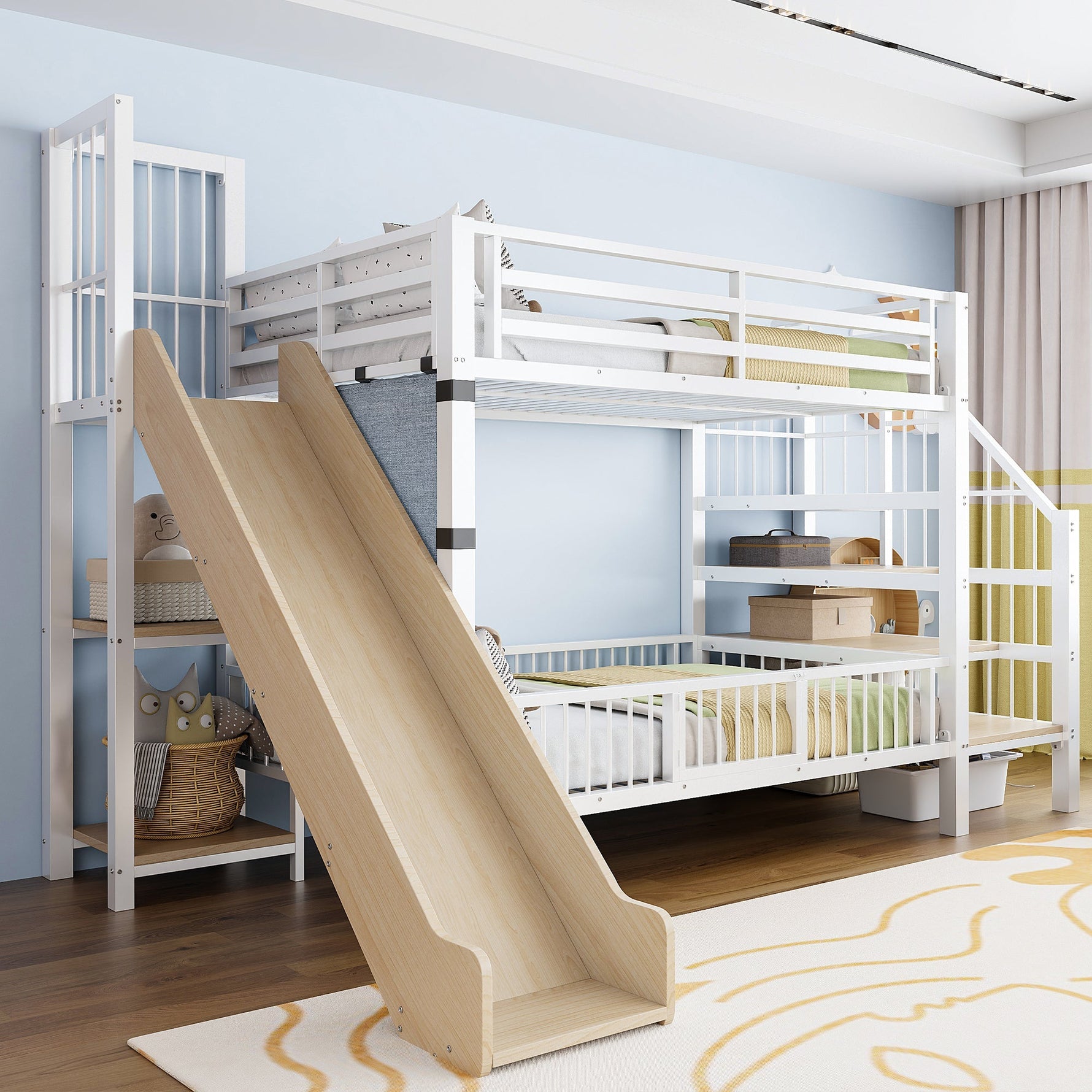 Children's Metal Loft Bed with Slide, Storage Stairs and Integrated Shelves, 90x200cm, White