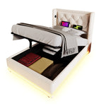Upholstered Single Bed, Hydraulic Storage with USB & LED, Beige Cotton