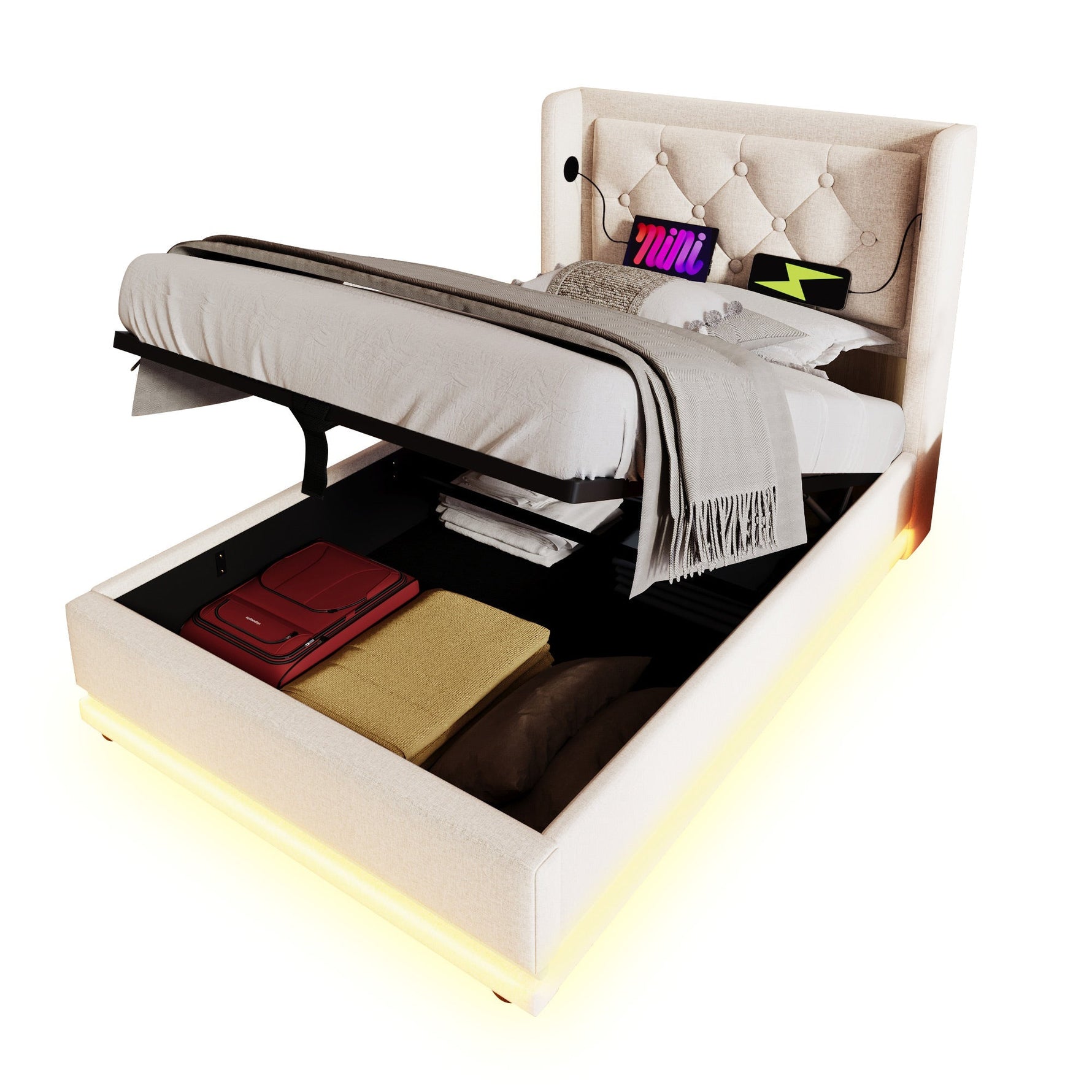 Upholstered Single Bed, Hydraulic Storage with USB & LED, Beige Cotton