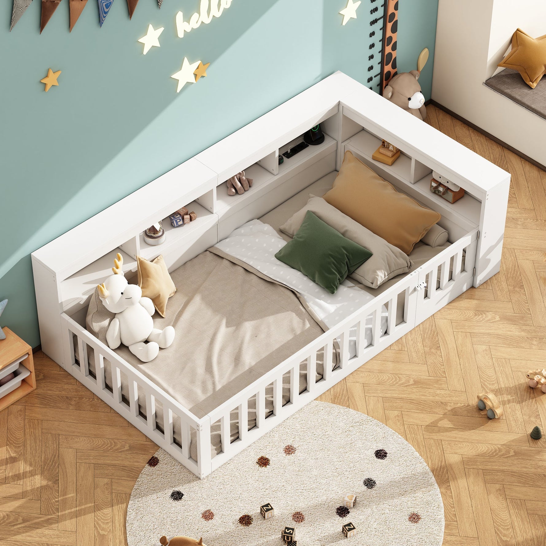 Daybed with Storage Compartment, USB Port and Slatted Base, White Chipboard