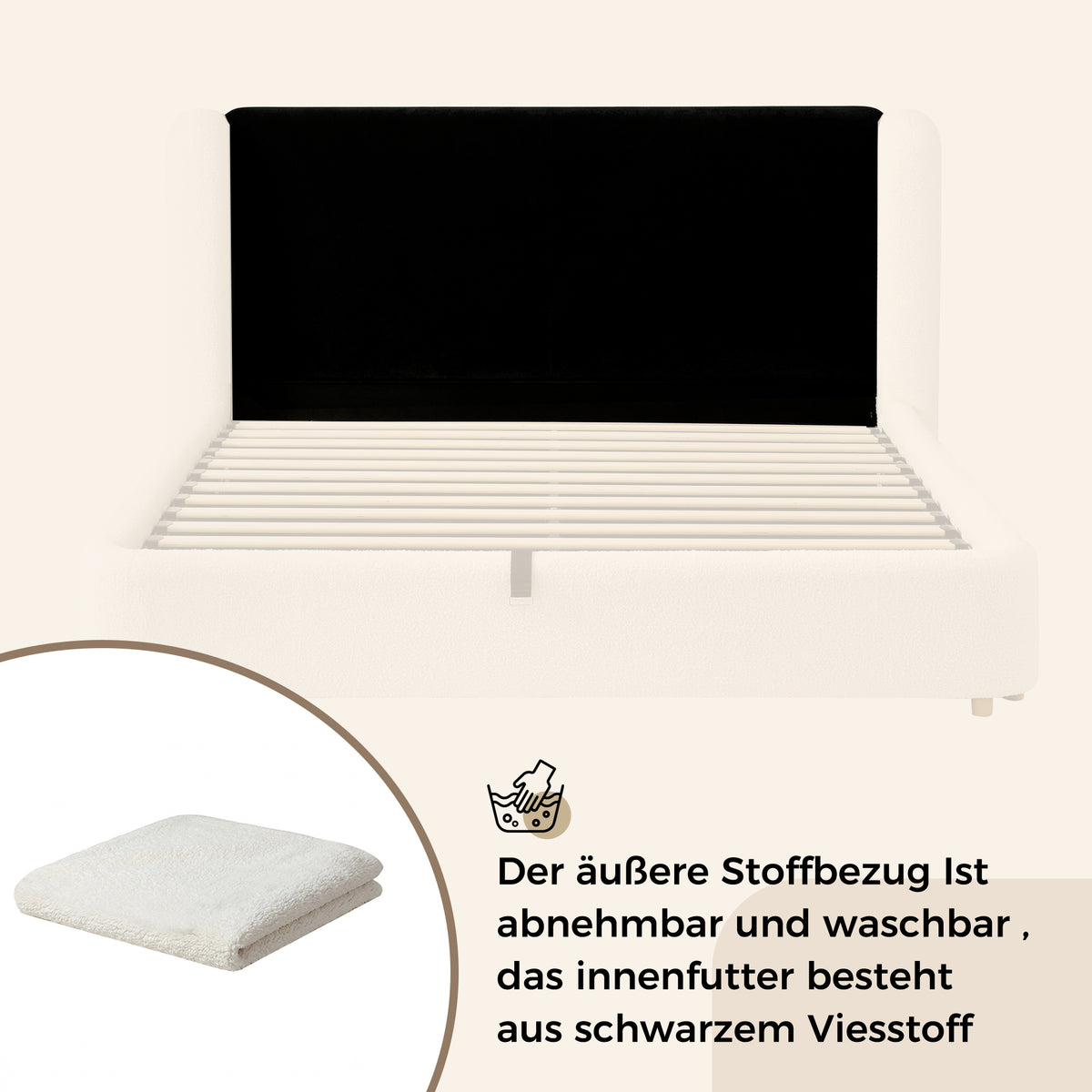 Upholstered Double Bed with Hydraulic Storage 140x200cm, Beige Bouclé