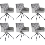 Set of 6 Dining Chairs with Diamond Pattern and Lumbar Support, Light Grey Velvet