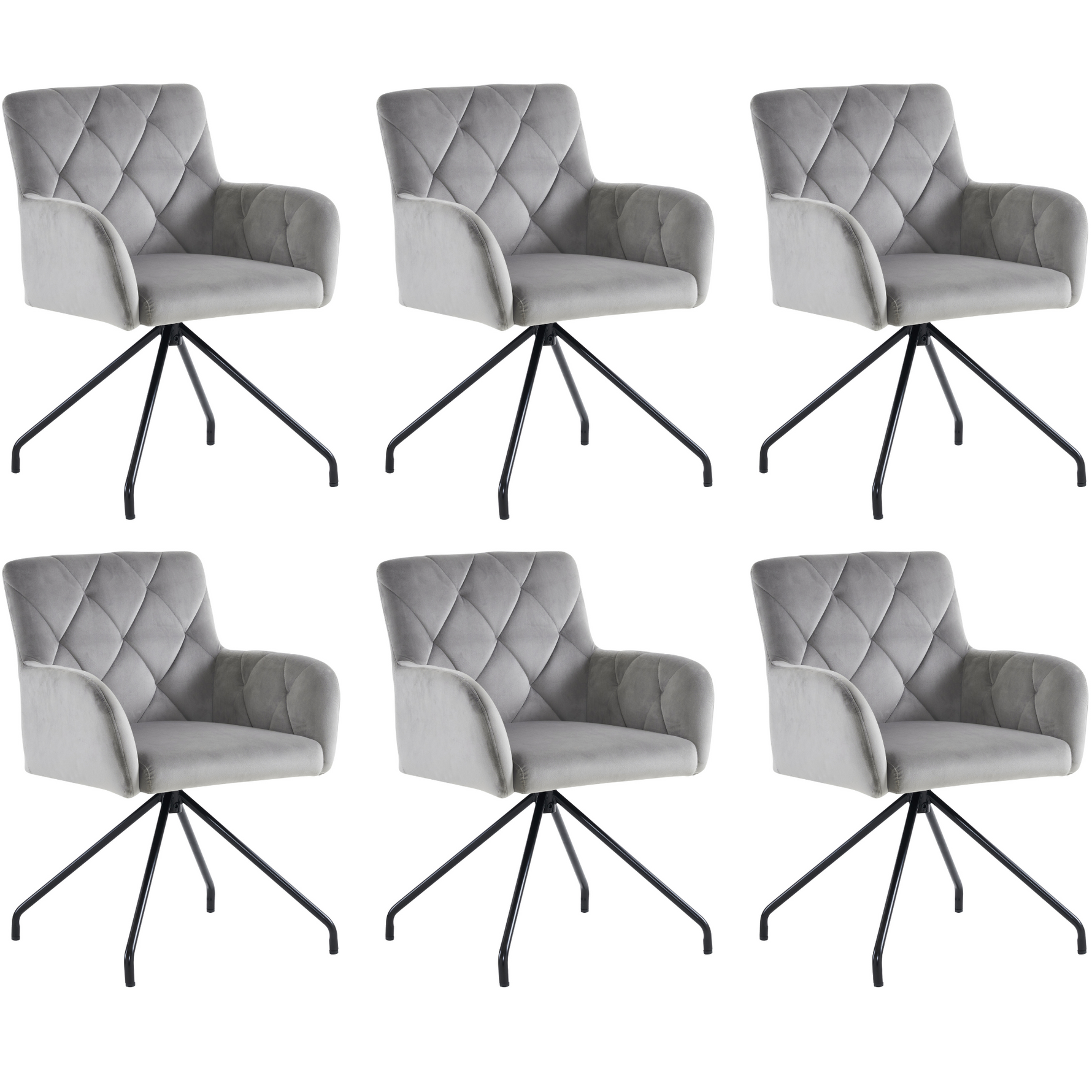 Set of 6 Dining Chairs with Diamond Pattern and Lumbar Support, Light Grey Velvet