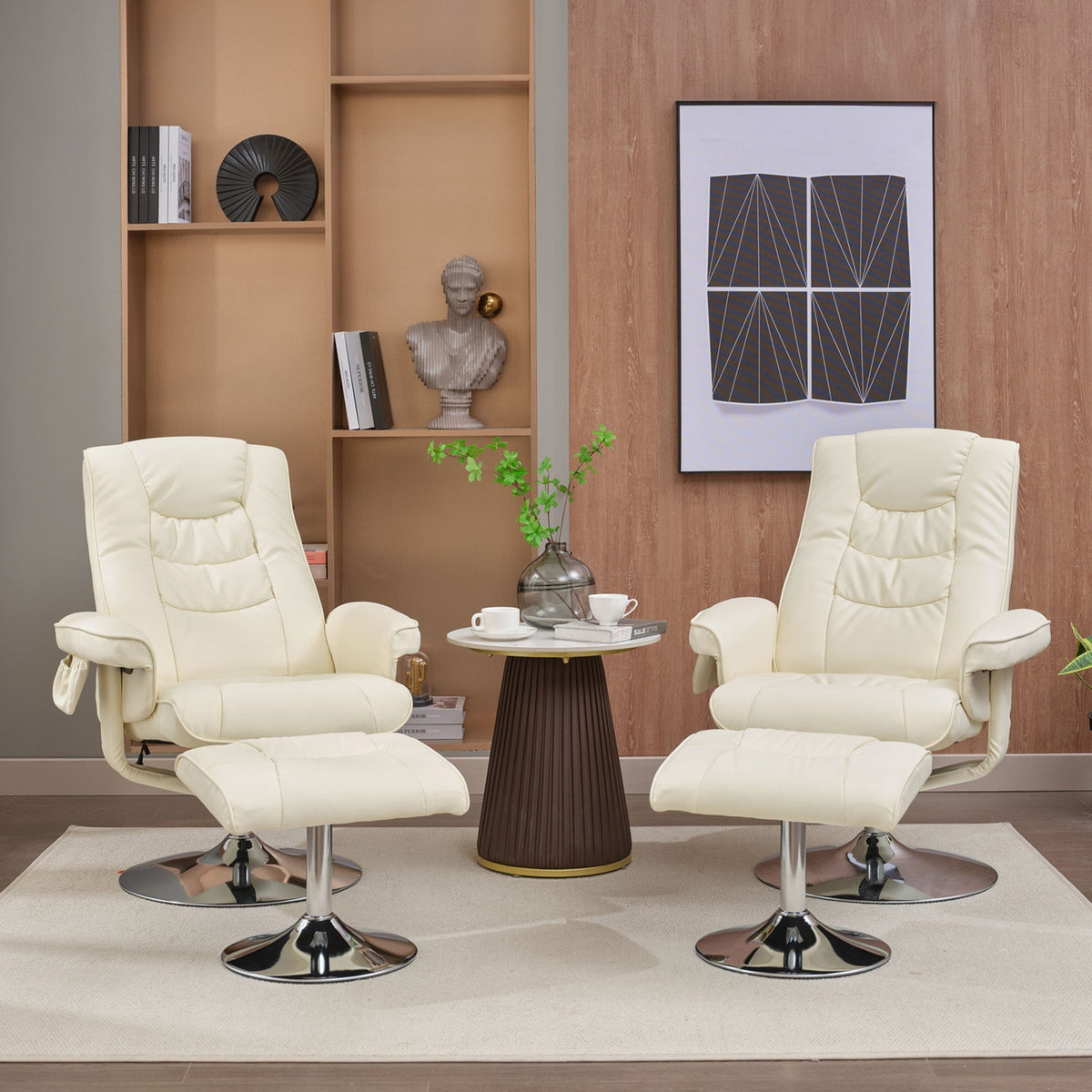 Massage Chair with 5-Point Massager & Ottoman, PU Upholstery, Beige