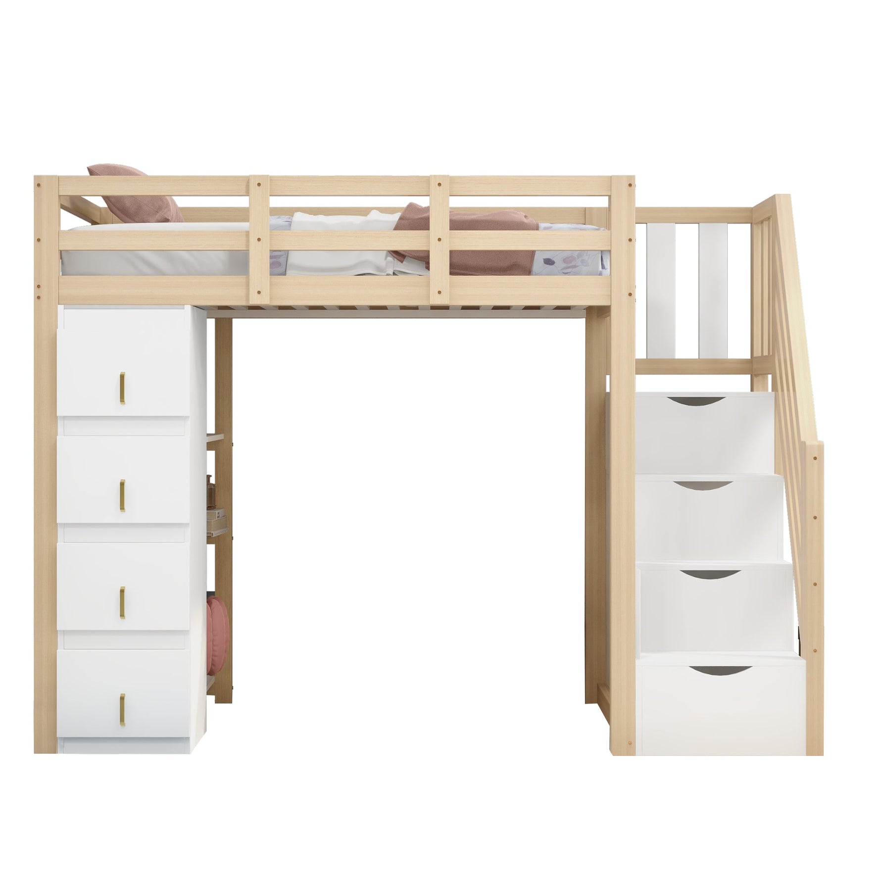 Loft Bed, 90 x 200 cm with Storage & Ladder, Solid Wood