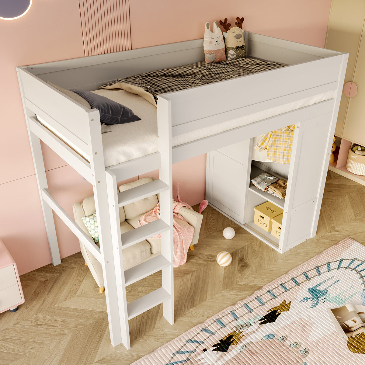 Loft Bed 90x200cm with Wardrobe & Storage, White Pine Wood