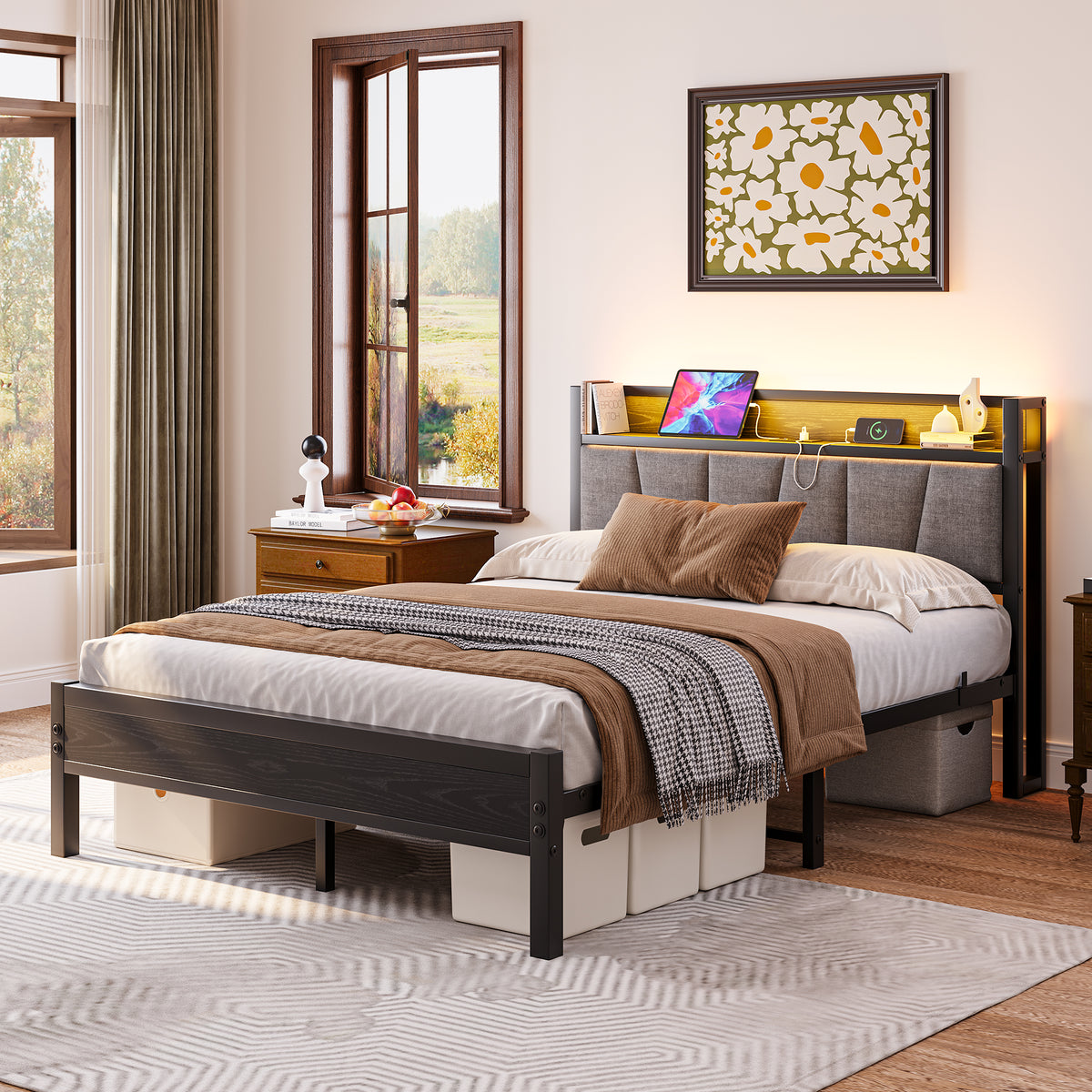 Bed Frame 140x190cm with LED Light & USB Station, Metal