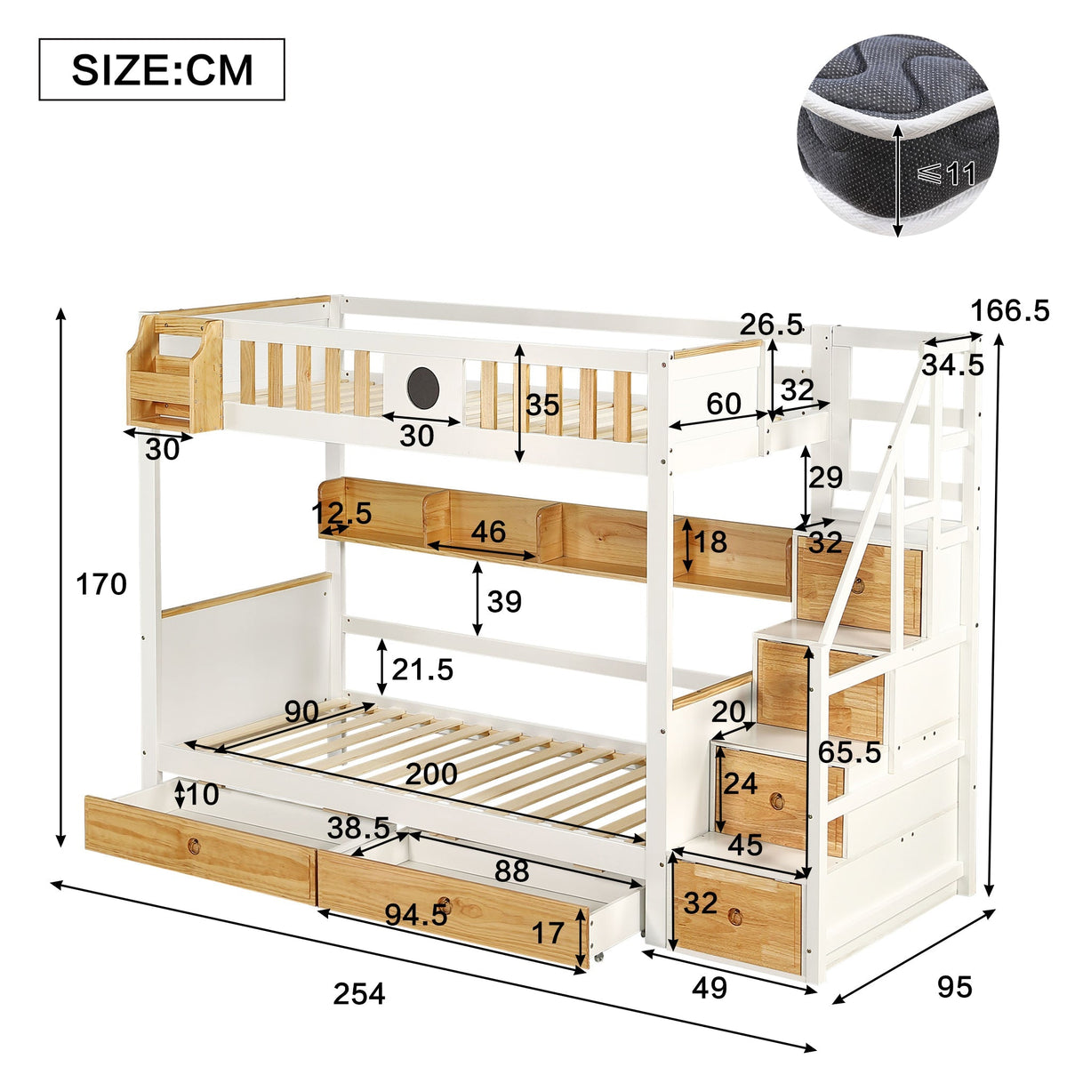 Bunk Bed 90x200cm Storage Stairs Drawers Pine/MDF White+Natural