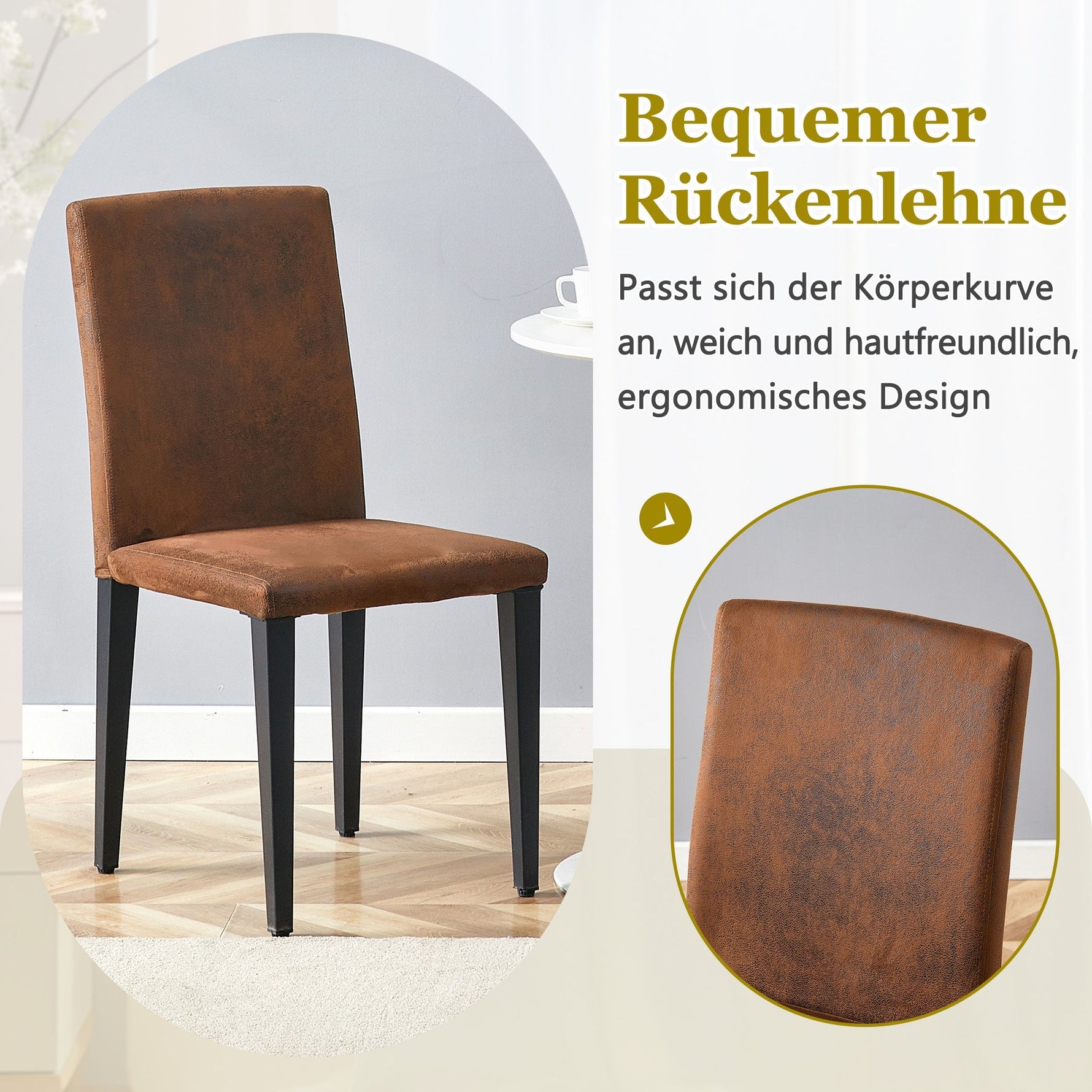 Minimalist Dining Chairs Set of 2 with Metal Legs, Brown Woven Fabric
