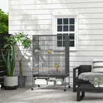 Bird Cage Aviary, Perches, Shelf, Doors, Wheels, Grey