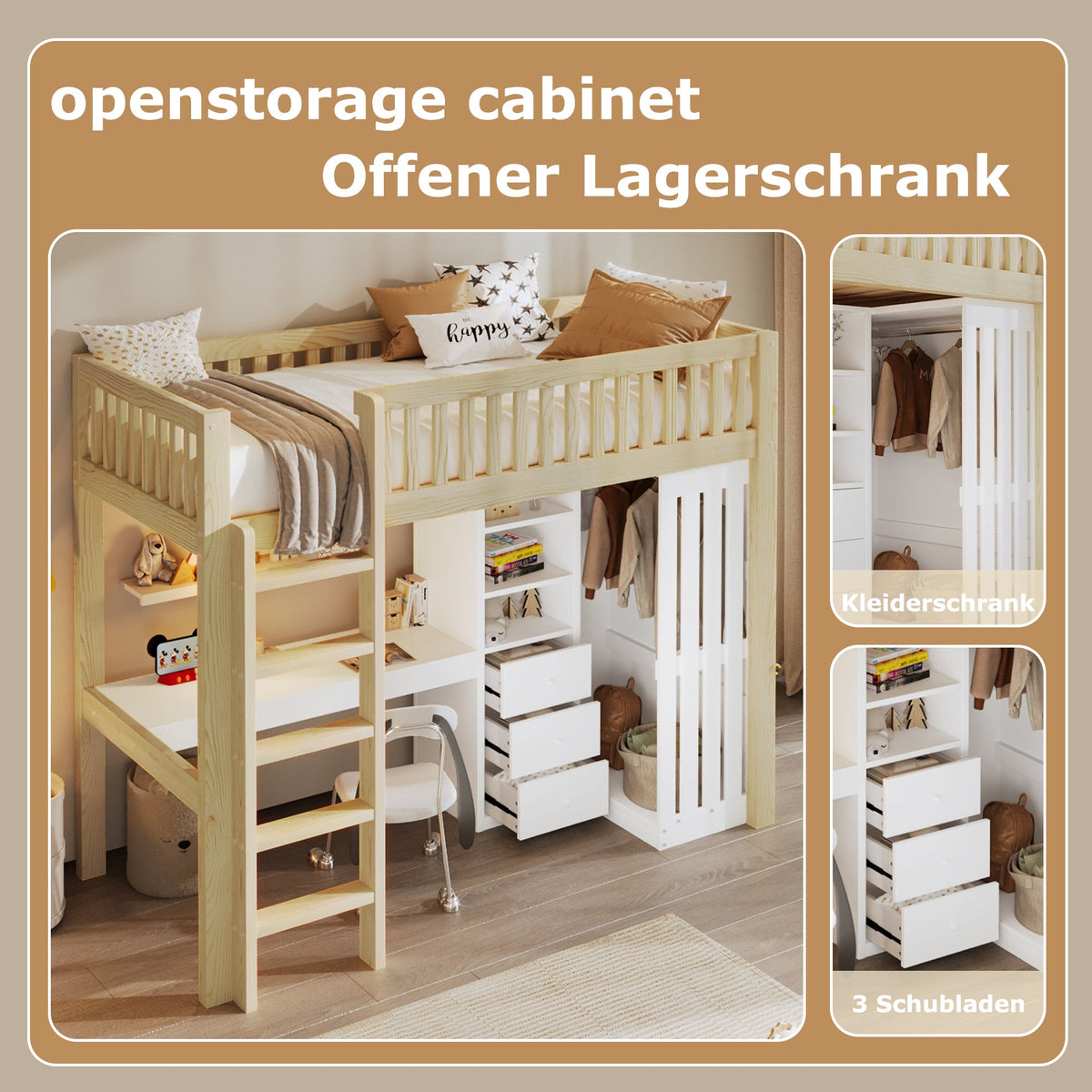 Loft Bed with Desk, Wardrobe and 3 Drawers, Natural