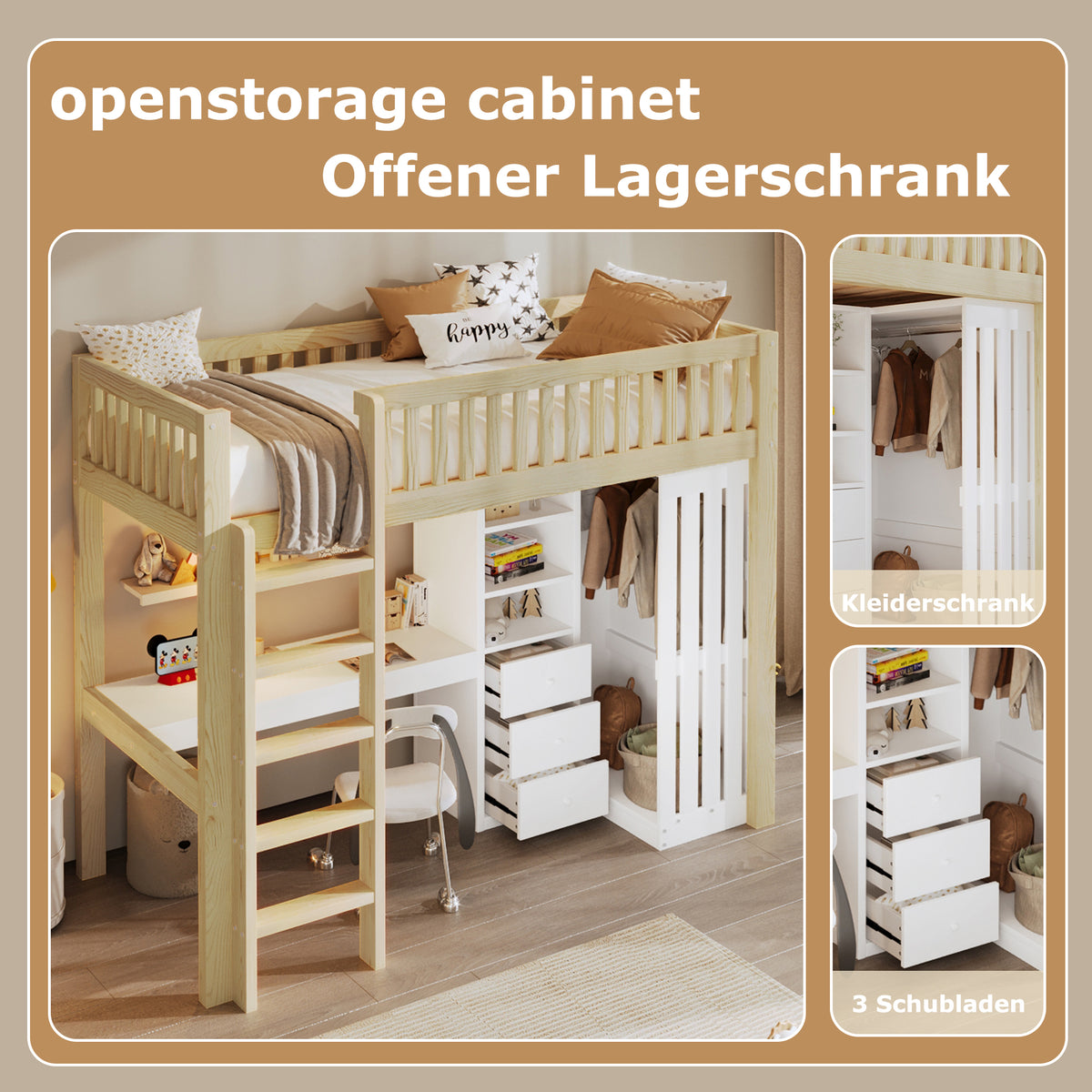 Loft Bed 90x200cm with Desk, Wardrobe & Drawers, Natural