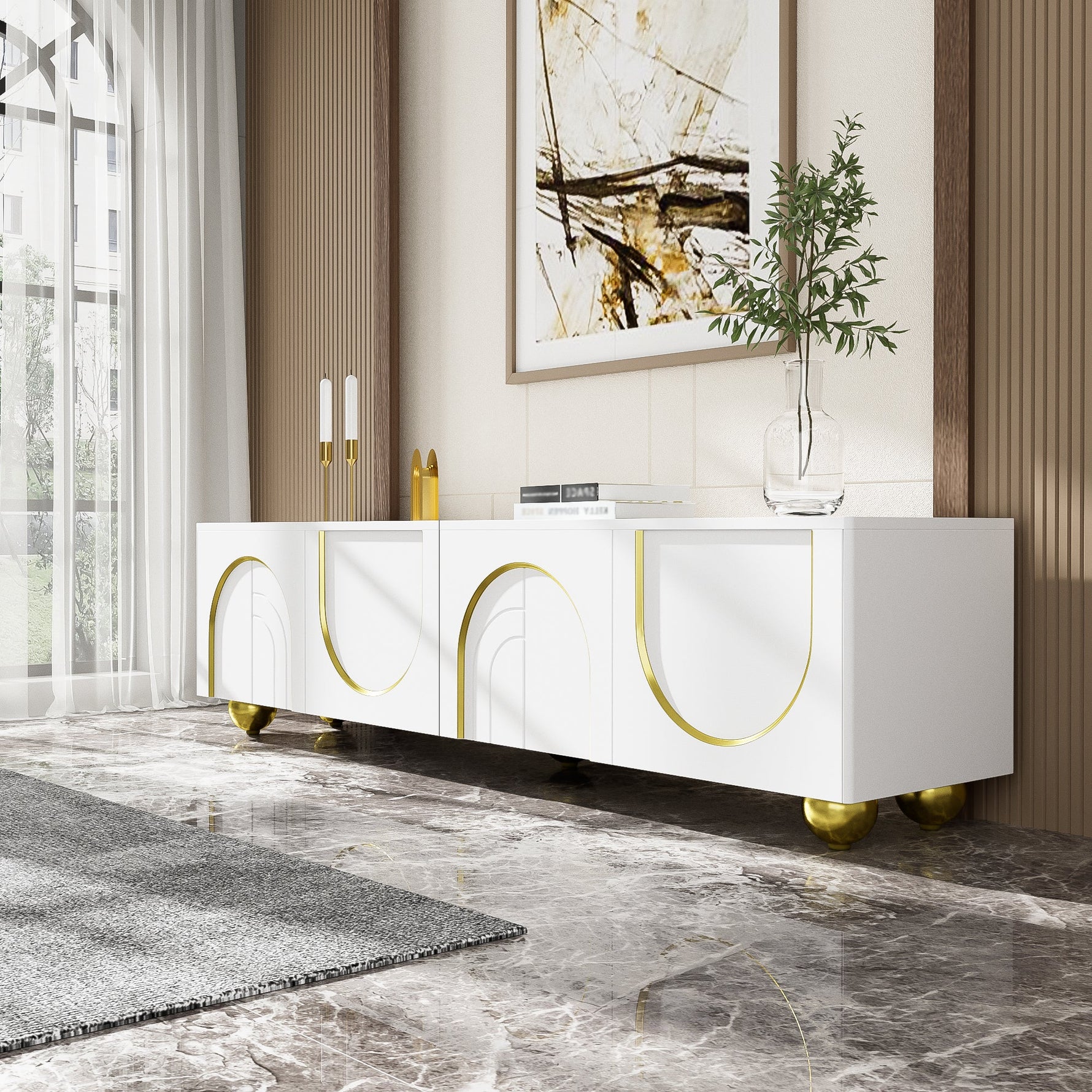 TV Lowboard with Textured Doors, Drawers & Open Compartments - Gold