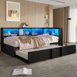 Metal Daybed with Pull-out Bed, Storage Cabinets, LED Lighting and USB Ports, 90x200cm, Black Metal