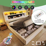 Upholstered Double Bed with Storage Headboard, Hydraulic Lift, LED and USB Charging, 180x200cm, Beige Velvet