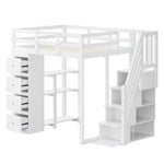 Loft Bed, 140x200cm with Storage, Ladder & Shelves, White Solid Wood