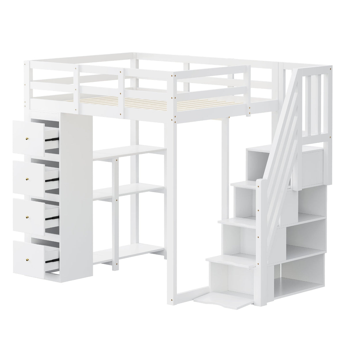 Loft Bed, 140x200cm with Storage, Ladder & Shelves, White Solid Wood