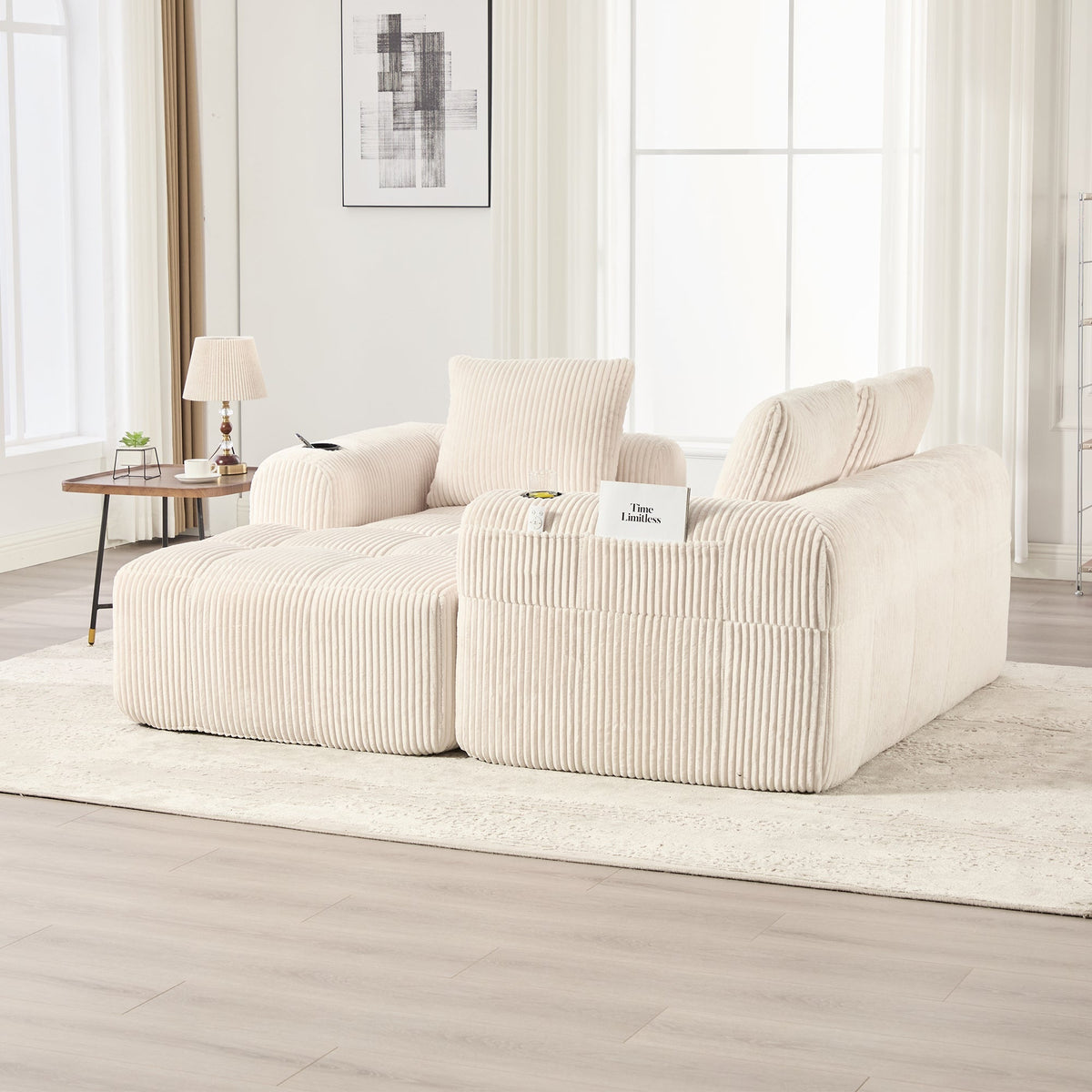 Compact Modular Sofa with Side Pocket, Cup Holder & 3 Cushions - Corduroy Beige