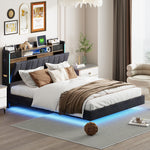 Upholstered Bed, 140x200, LED & USB, Storage Headboard, Floating Design, Grey Linen