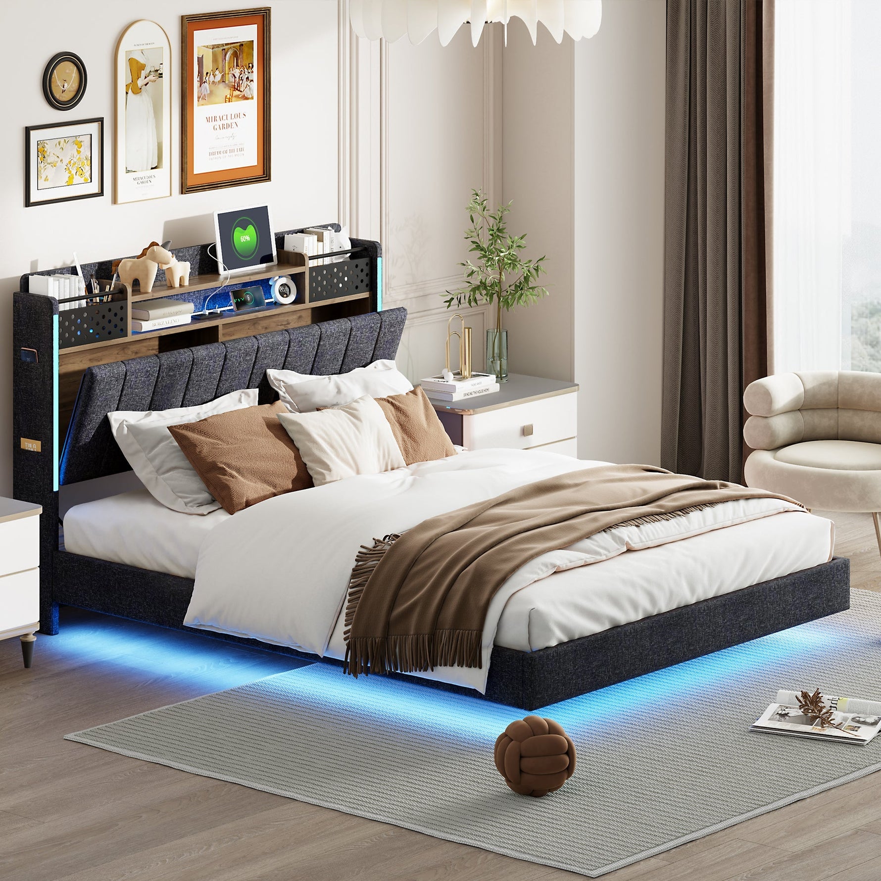 Upholstered Bed, 140x200, LED & USB, Storage Headboard, Floating Design, Grey Linen