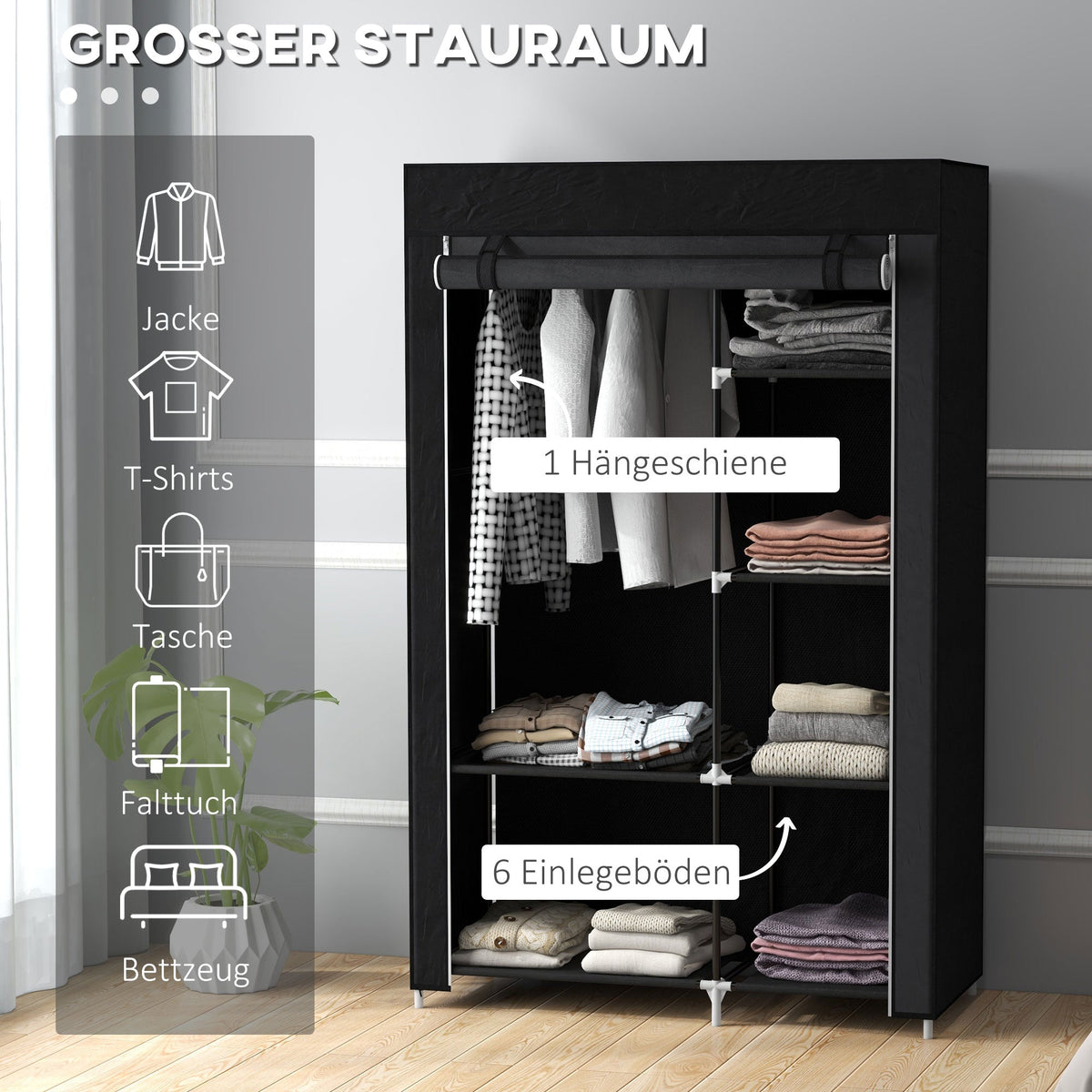 Fabric Wardrobe Folding 6-Compartment 103x43x162.5cm Non-Woven Black