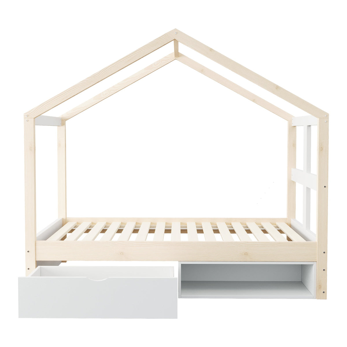Wooden Bed with Drawers, Shoe Cabinet and LED Lighting, 90x190cm, Wood Color