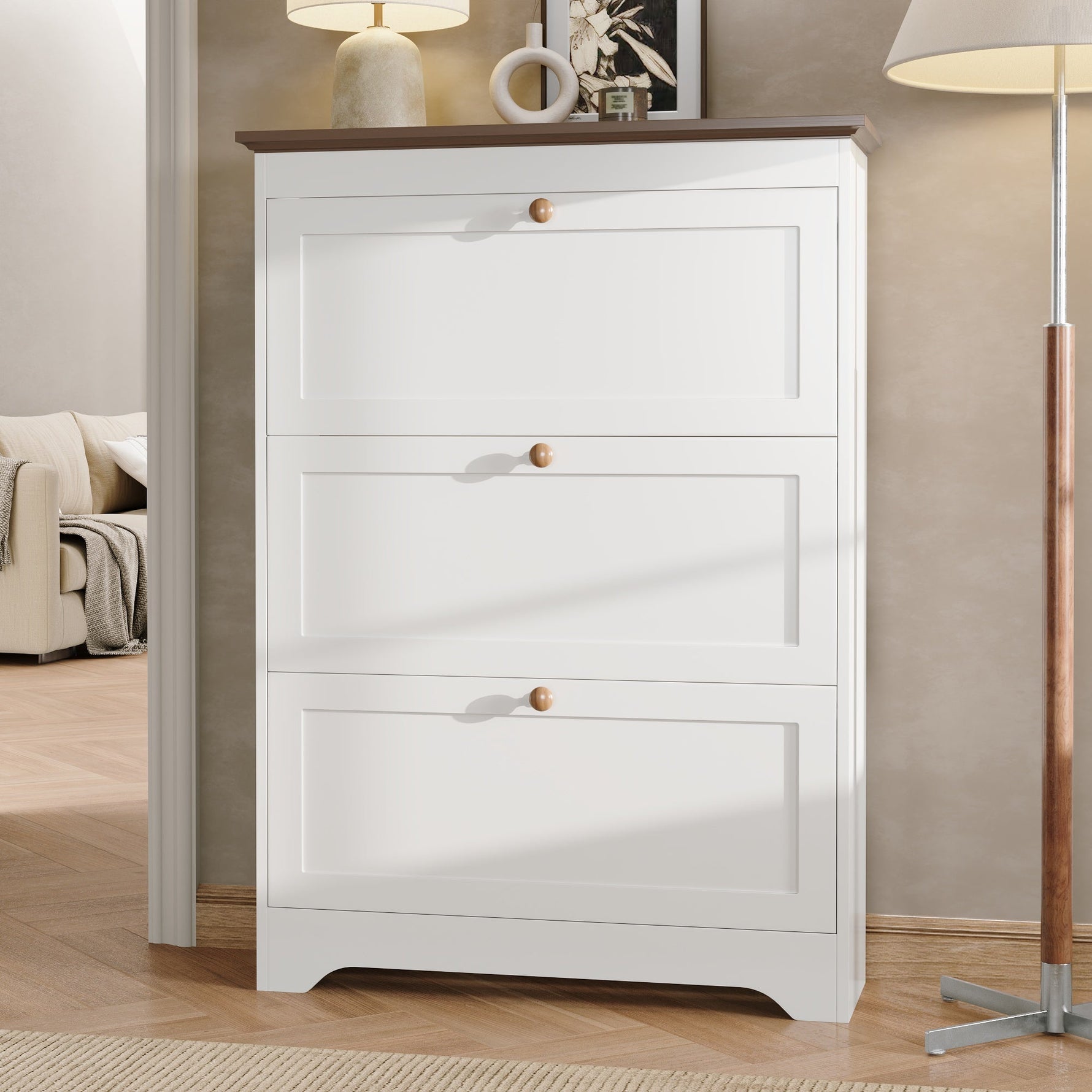 Shoe Cabinet with 3 Doors and Large Capacity, White Wood Look