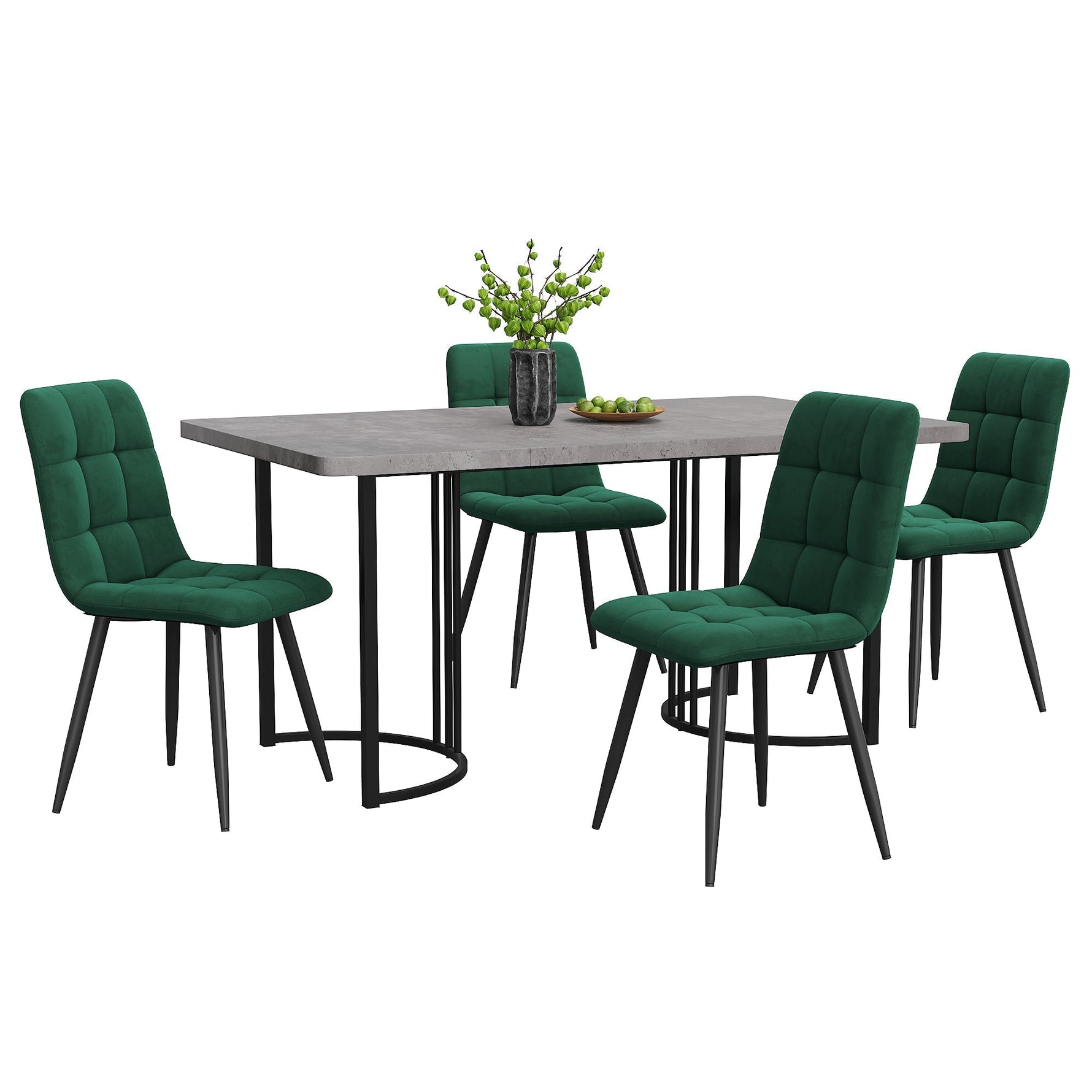 5-Piece Dining Set Modern 140x80cm Table Black Metal Legs - Grey MDF Dark Green Velvet