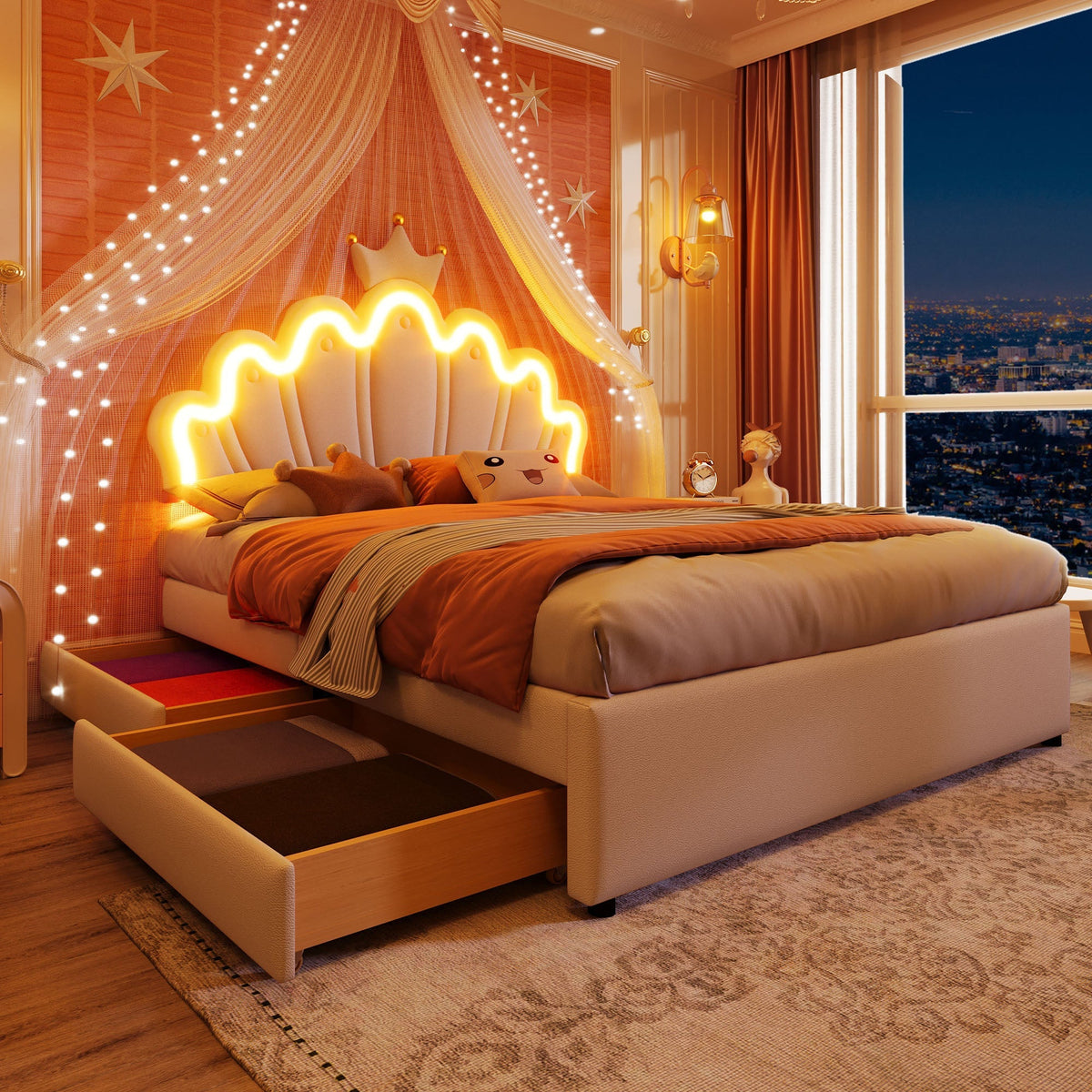 Upholstered Bed 140x200cm Crown Design Ambient Light 2 Drawers Adjustable Headboard - White PU