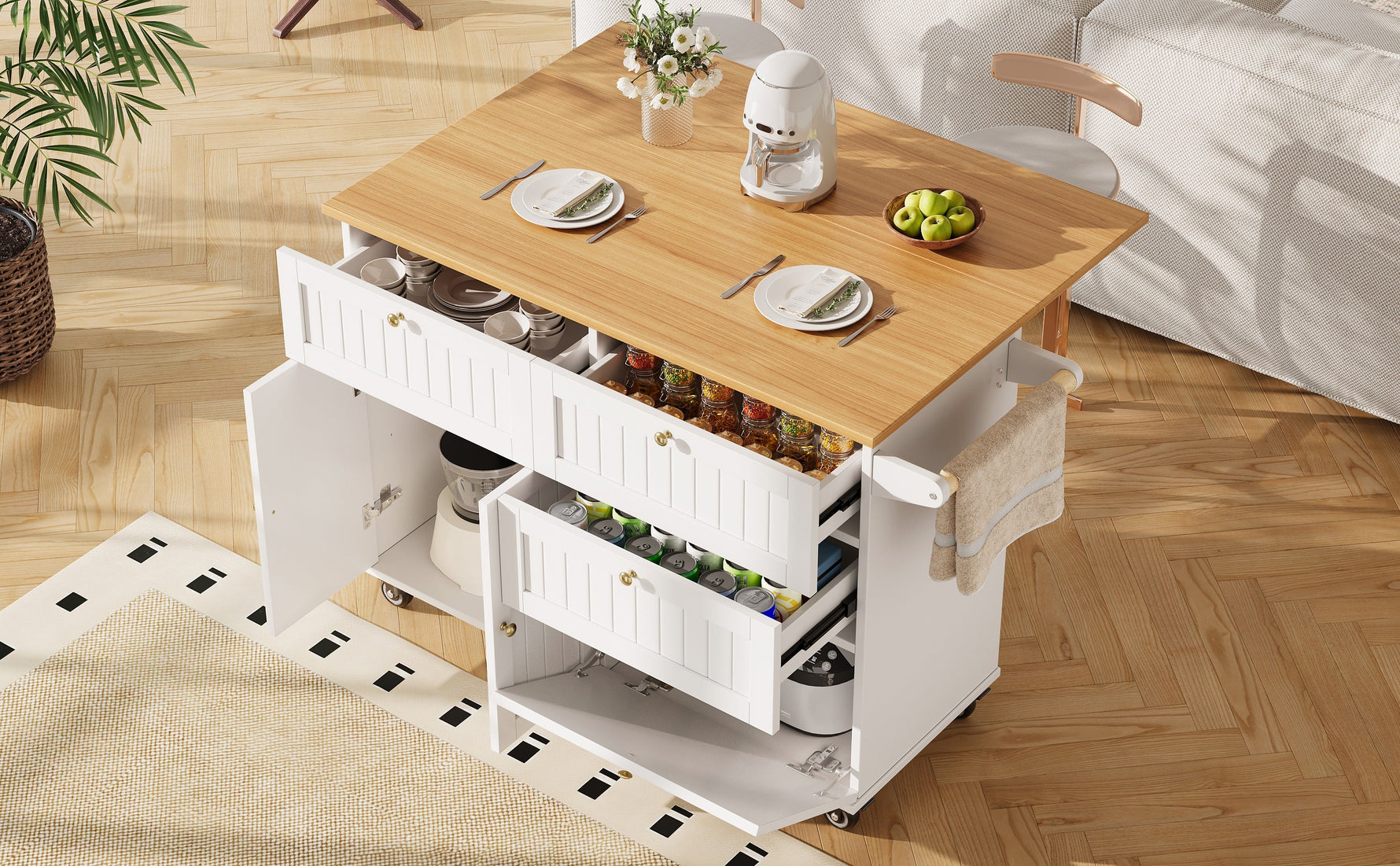 Modern Kitchen Island Extendable Dining Table Storage & Mobile - White